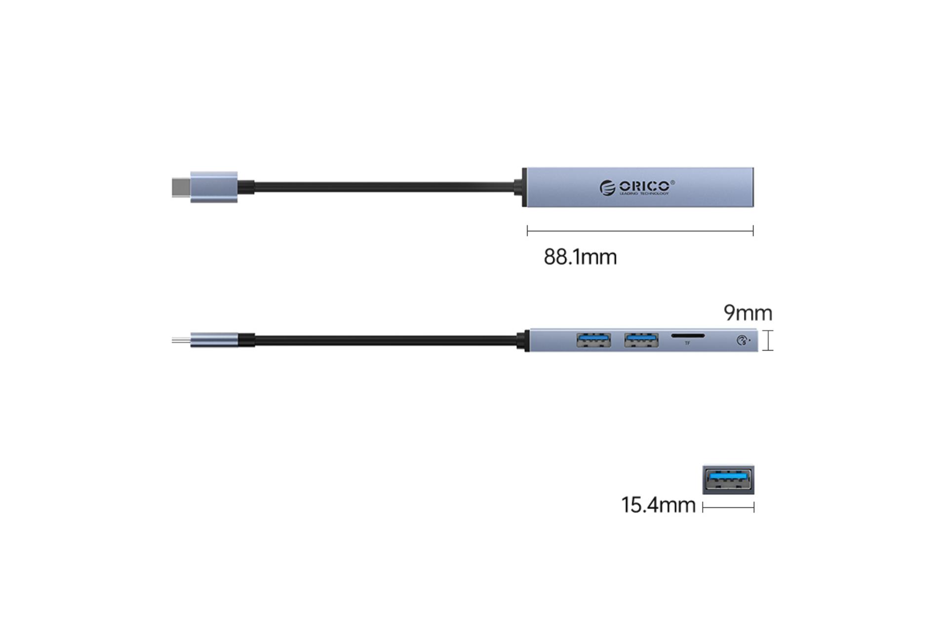 ابعاد و اندازه هاب USB هاب USB-C اوریکو 4 پورت مدل AHC1-3TF