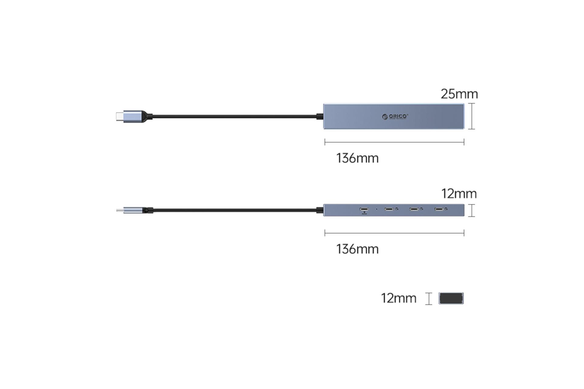 ابعاد و اندازه هاب USB هاب USB-C اوریکو 4 پورت مدل DHY-4C