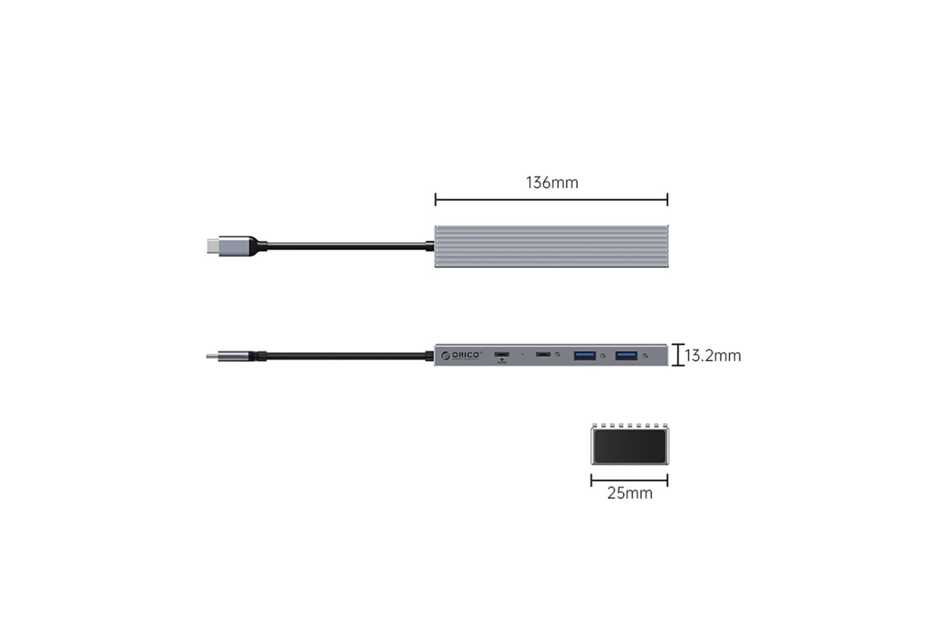 ابعاد و اندازه هاب USB هاب USB-C اوریکو 4 پورت مدل DHF-2U2C