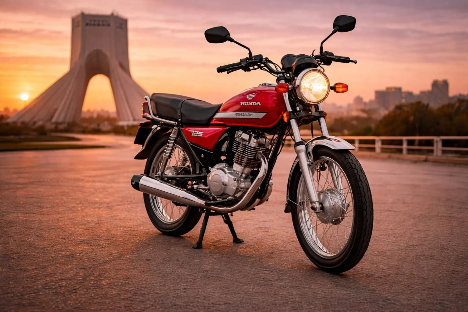 نمای سه‌چهارم جلو موتورسیکلت هوندا ۱۲۵ جدید با پس‌زمینه‌ی برج آزادی (هوش مصنوعی)