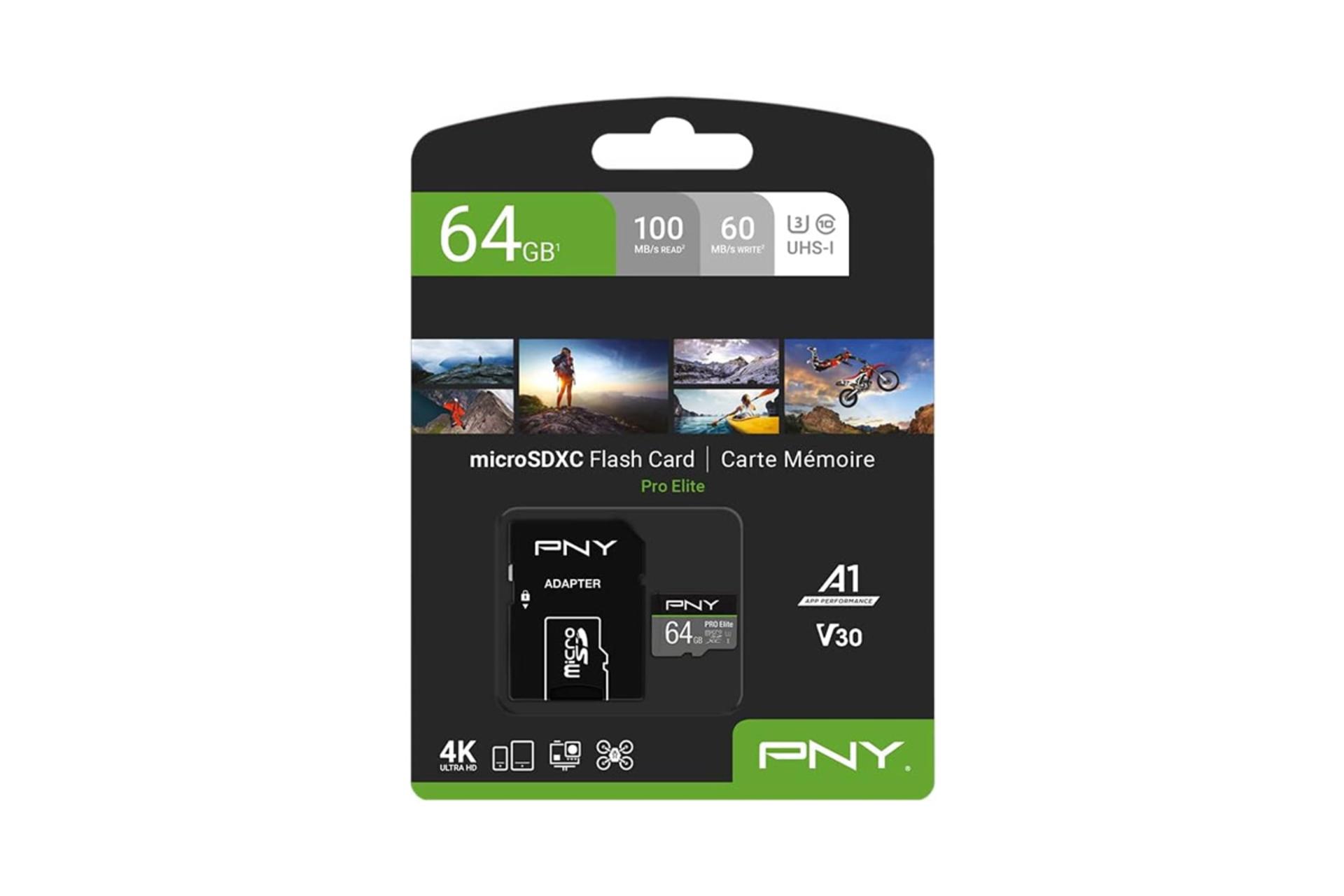 جعبه کارت حافظه پی ان وای microSDXC با ظرفیت 64 گیگابایت مدل PRO Elite V30 A1 کلاس 10