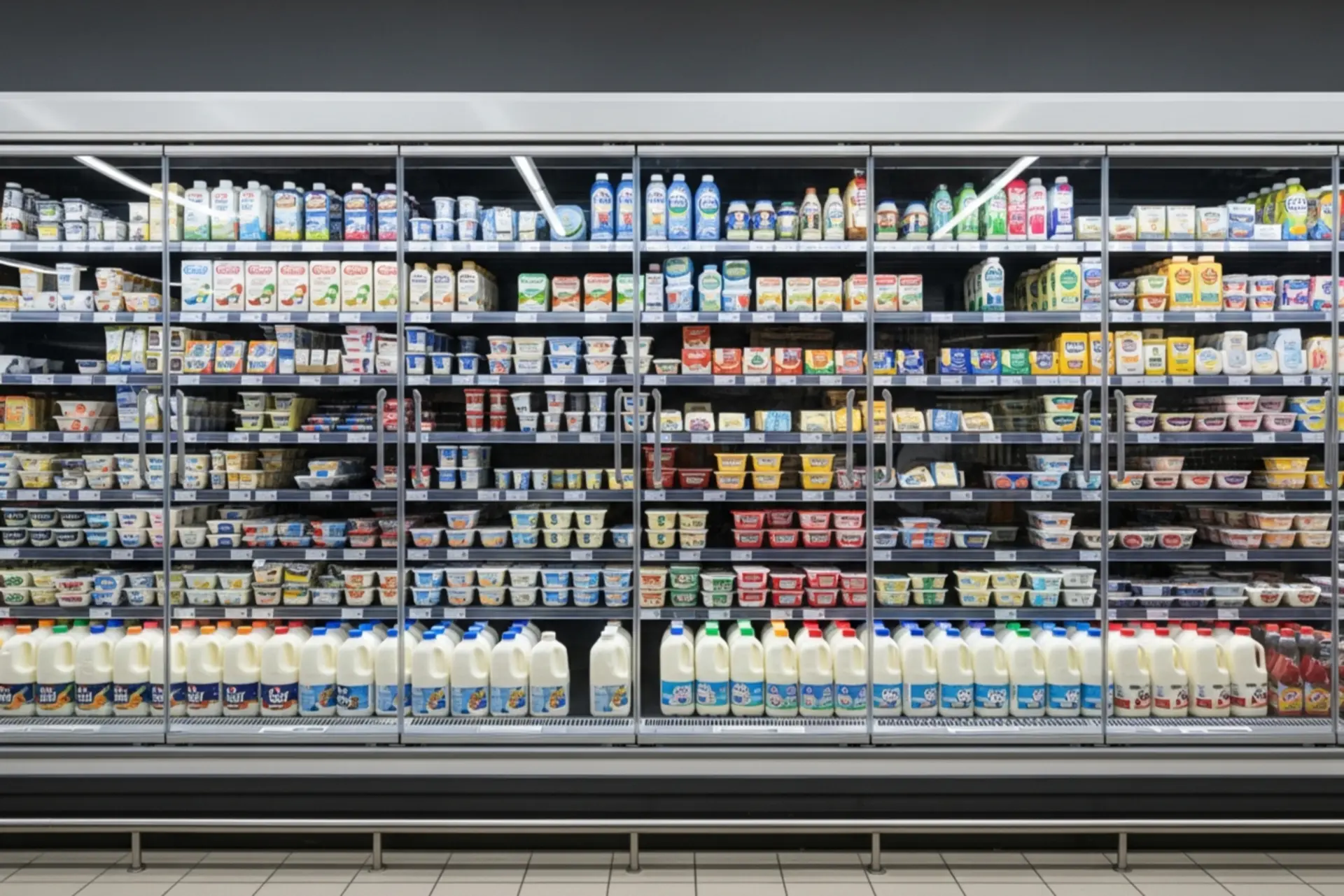 قفسه لبنیات بدون مشتری در یک فروشگاه