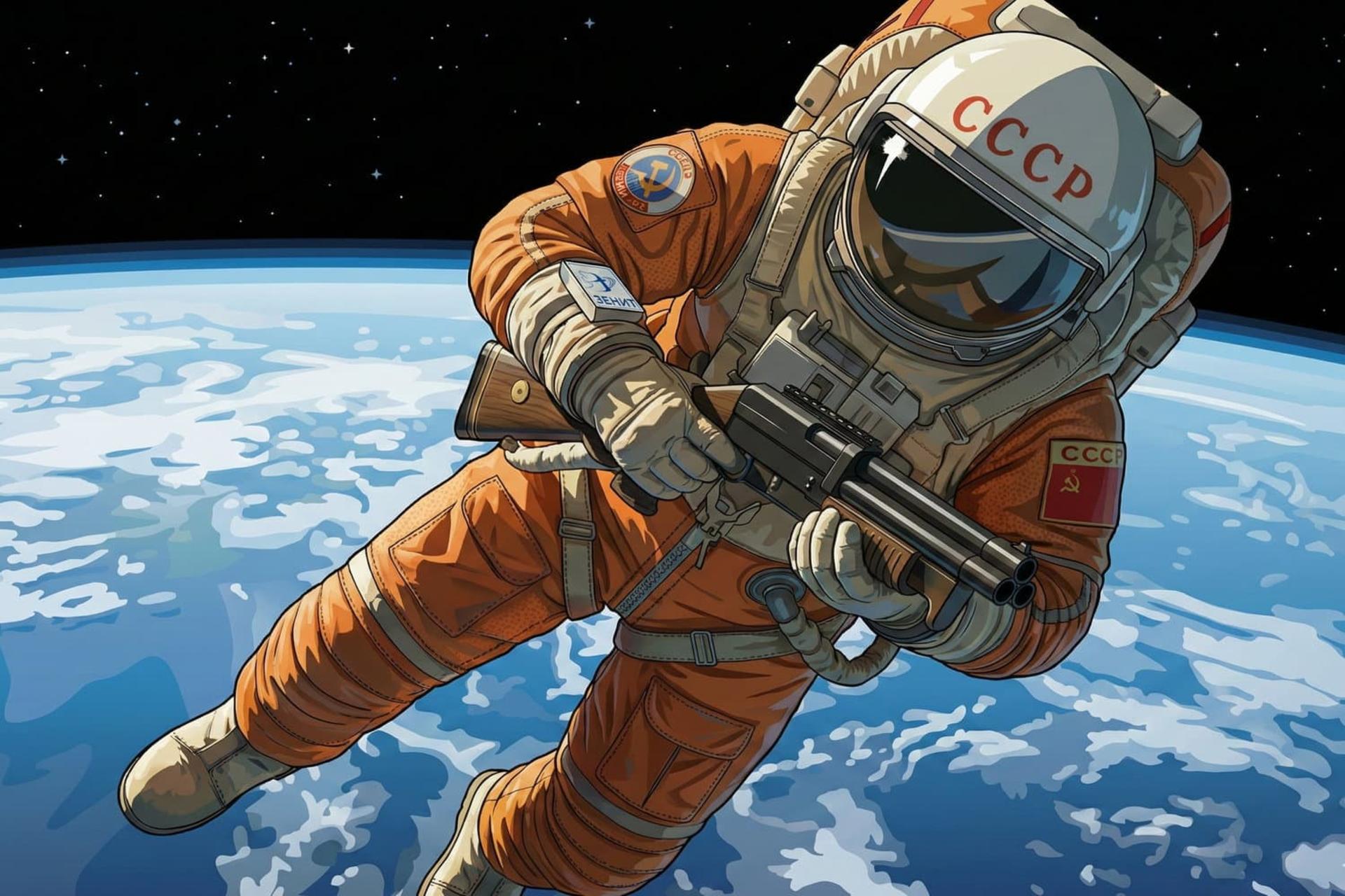فضانورد شوروی با شات‌گان در فضا