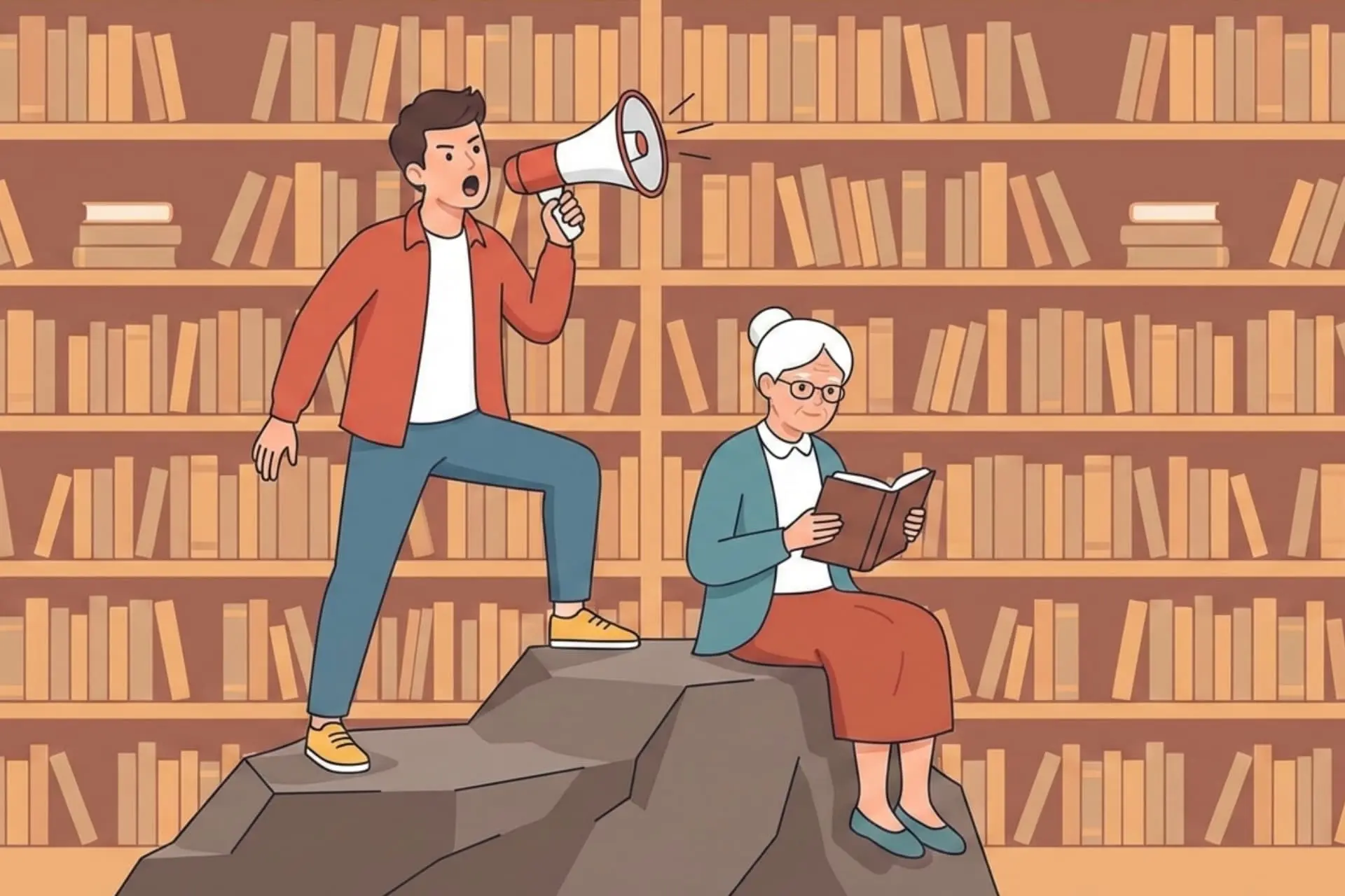 مردجوان در حال فریاد‌زدن در مگافون کنار زن مسن درحال خواندن کتاب 