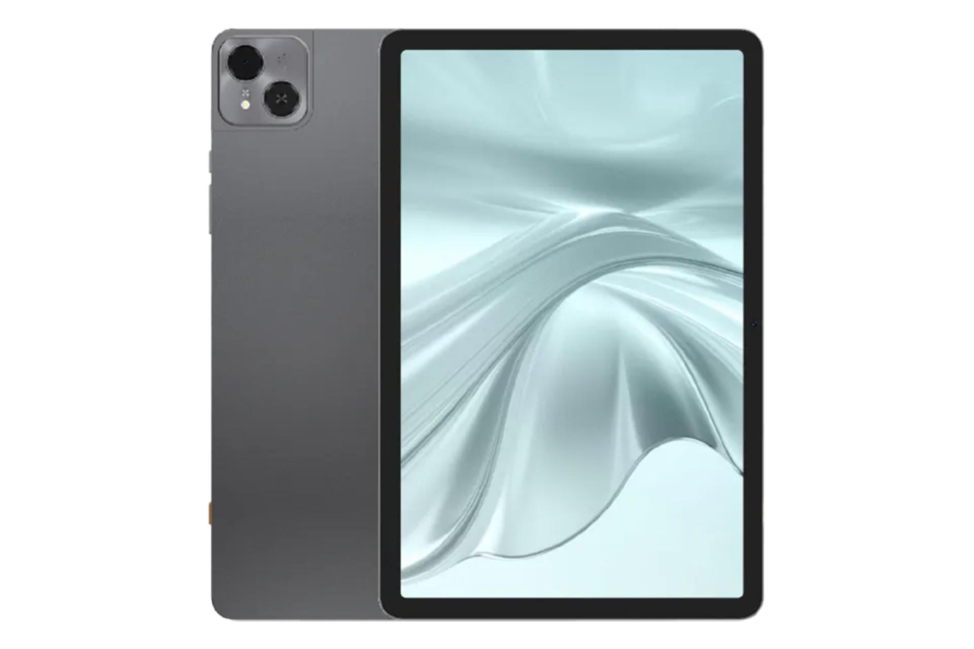 نمای کلی تبلت تکنو مگاپد SE با نمایشگر روشن و نمایش دوربین پنل پشت رنگ خاکستری تیره