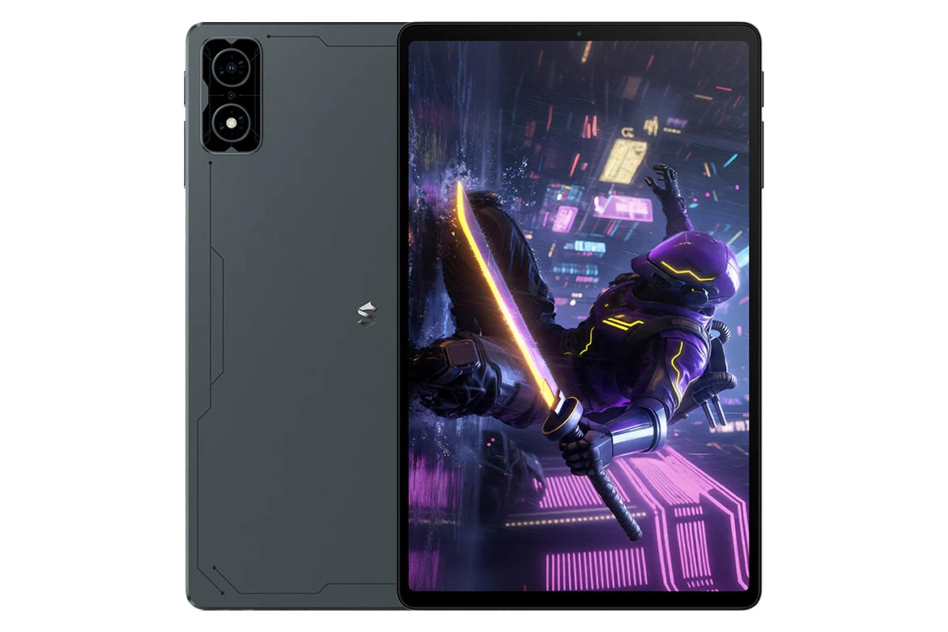 نمای کلی تبلت Gaming Tablet بلک شارک شیائومی / Xiaomi Black Shark Gaming Tablet با نمایشگر روشن و نمایش لوگو و دوربین پنل پشت