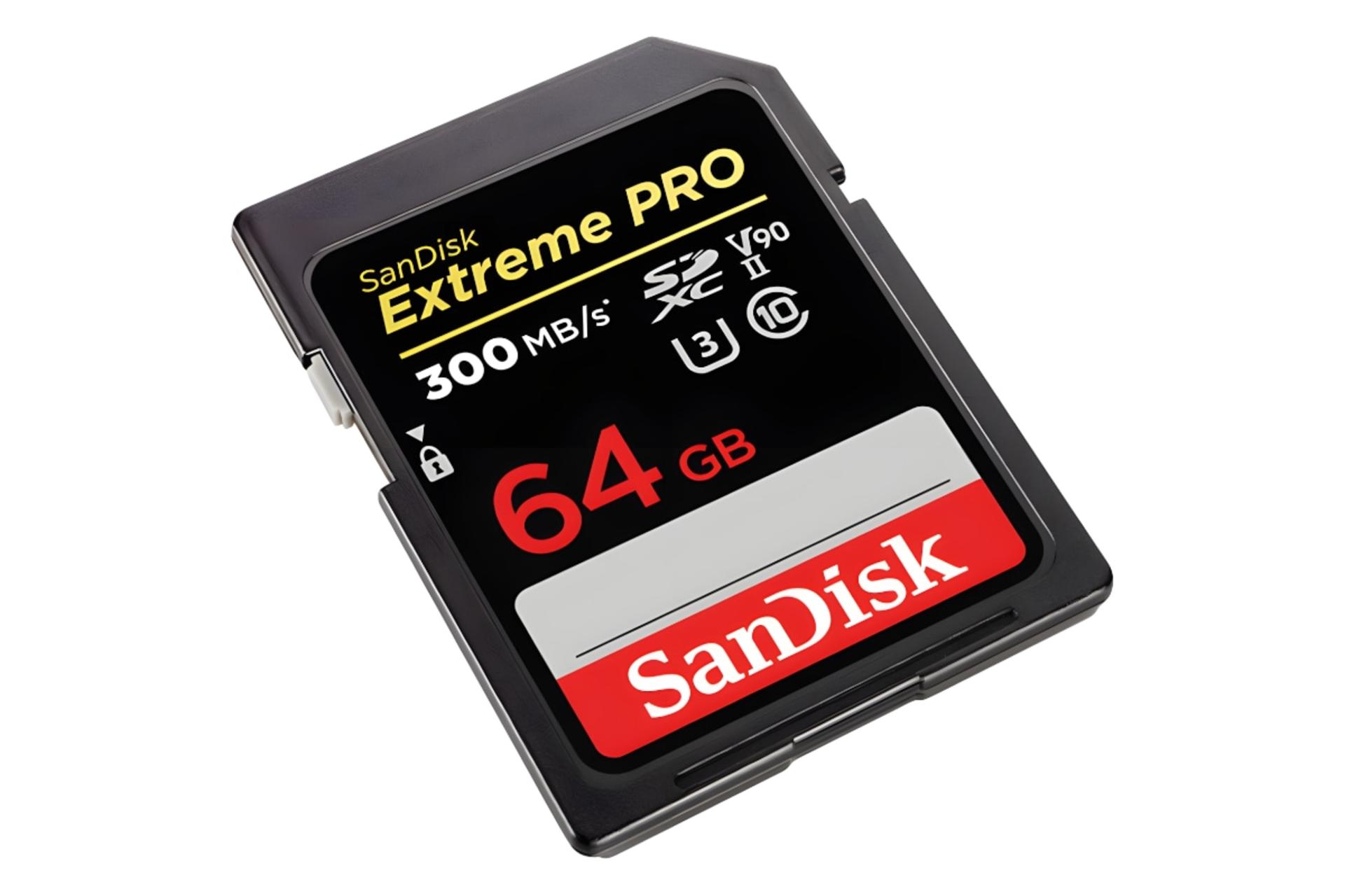 کارت حافظه سن‌دیسک SanDisk Extreme PRO V90 SDXC Class 10 UHS-II U3 64GB 300MBps نمای چپ
