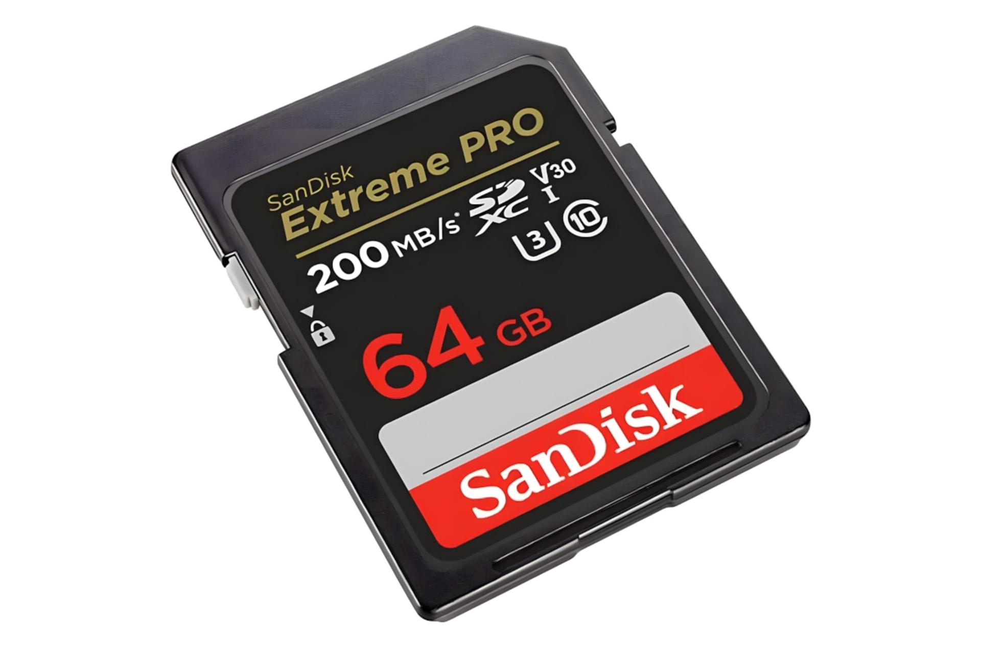 کارت حافظه سن‌دیسک SanDisk Extreme PRO V30 SDXC Class 10 UHS-I U3 64GB 200MBps نمای چپ