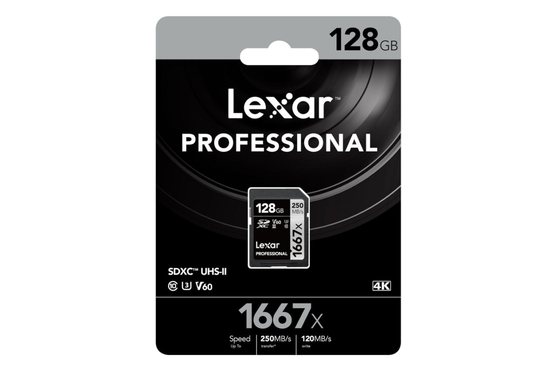 کارت حافظه لکسار Lexar Professional SILVER 1667x V60 SDXC Class 10 UHS-II U3 128GB نمای جعبه