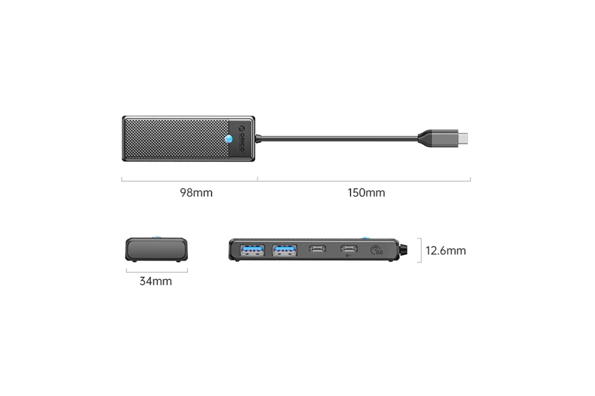 ابعاد و اندازه هاب USB هاب USB-C اوریکو 4 پورت مدل PAPW2AC-C3