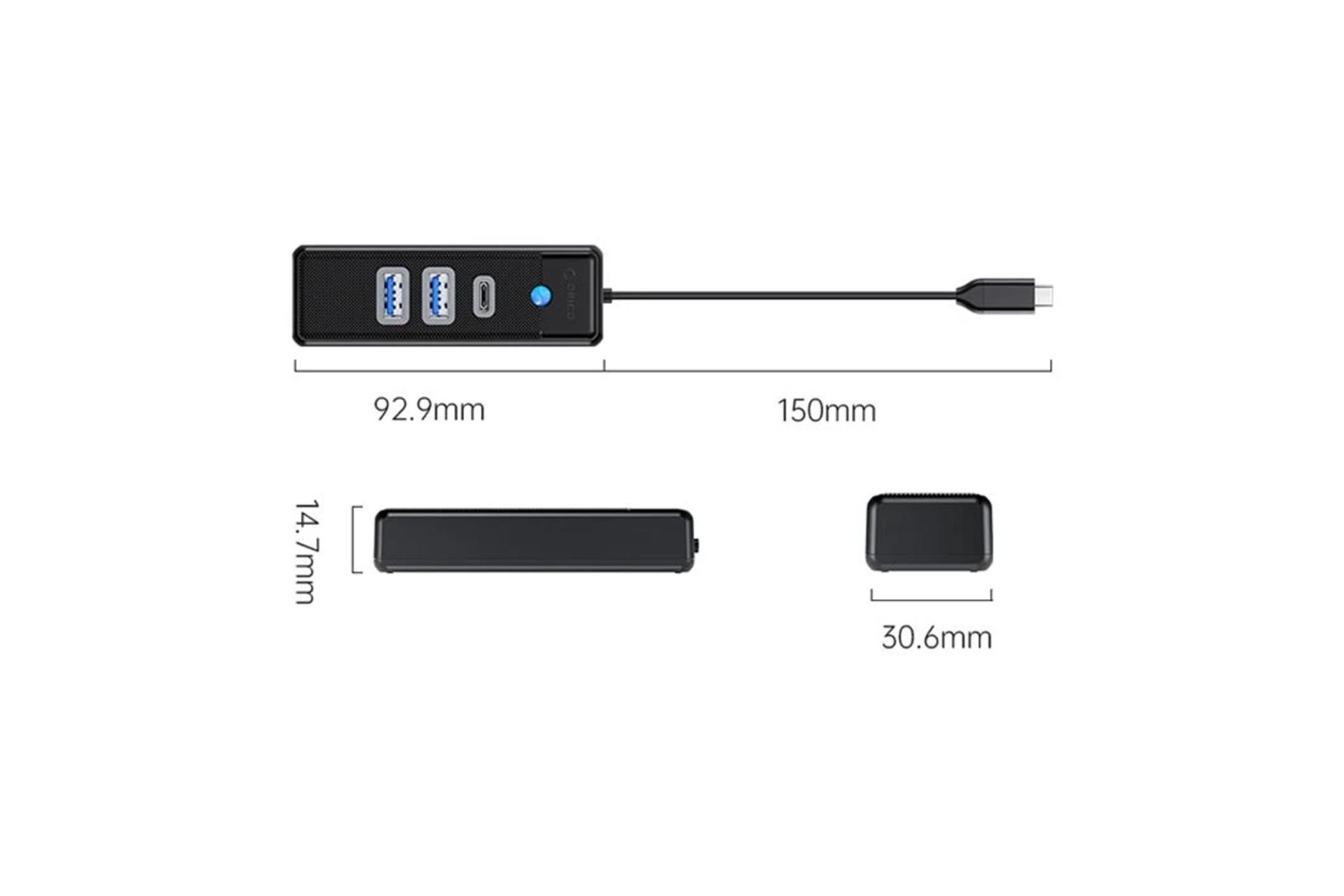 ابعاد و اندازه هاب USB هاب USB-C اوریکو 3 پورت مدل PWC2U-C3