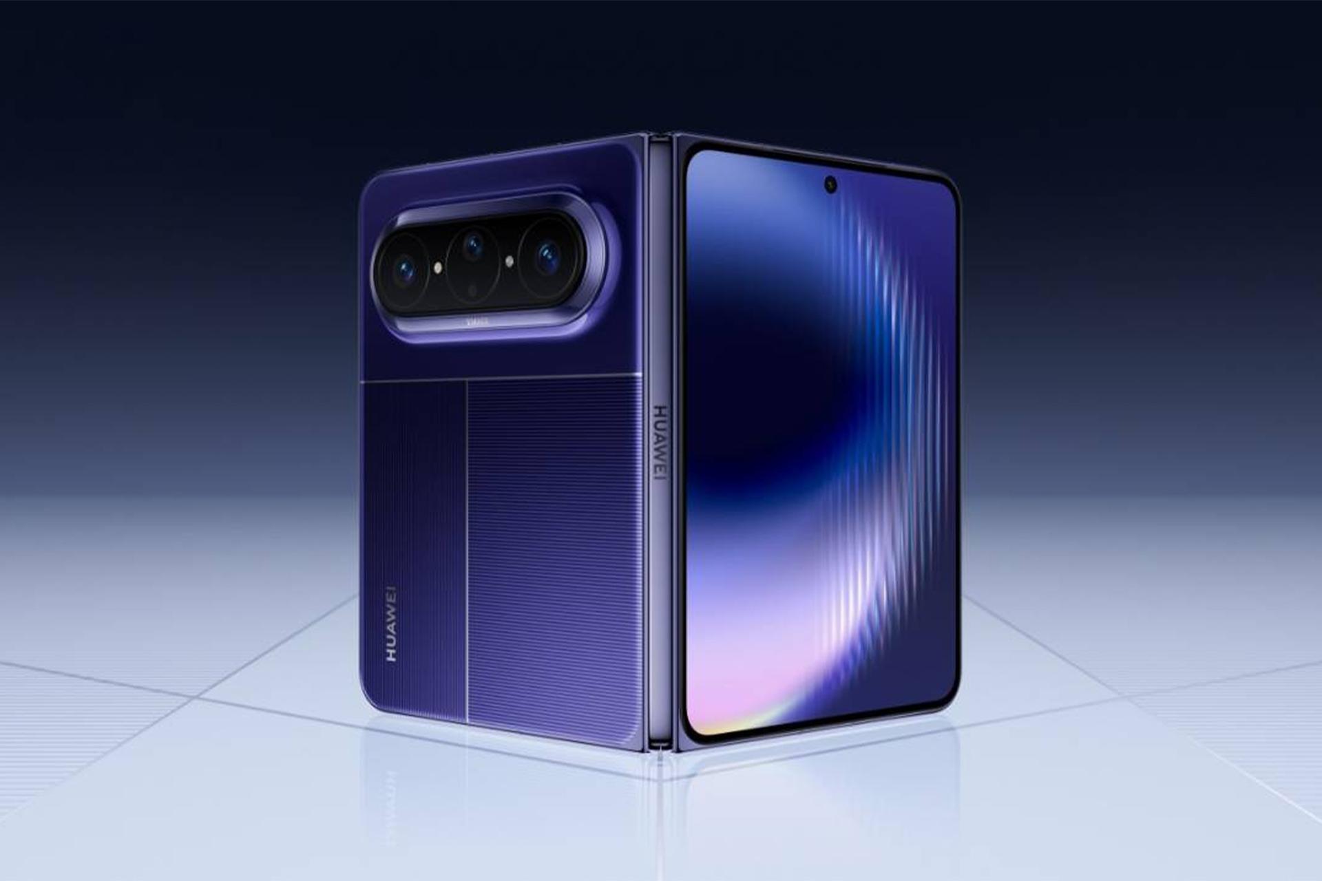 نمای پشت و جلو گوشی هواوی پیورا ایکس مکس رنگ بنفش در محیط تاریک