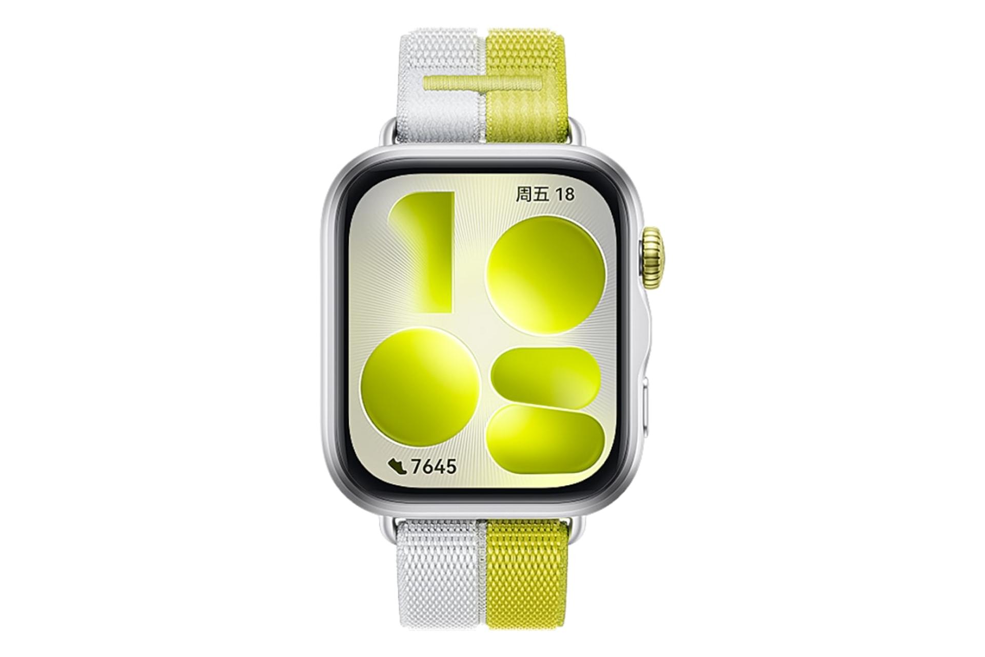 ساعت هوشمند هواوی واچ فیت 5 نقره ای با بند خاکستری و سبز از نمای روبرو / Huawei Watch Fit 5