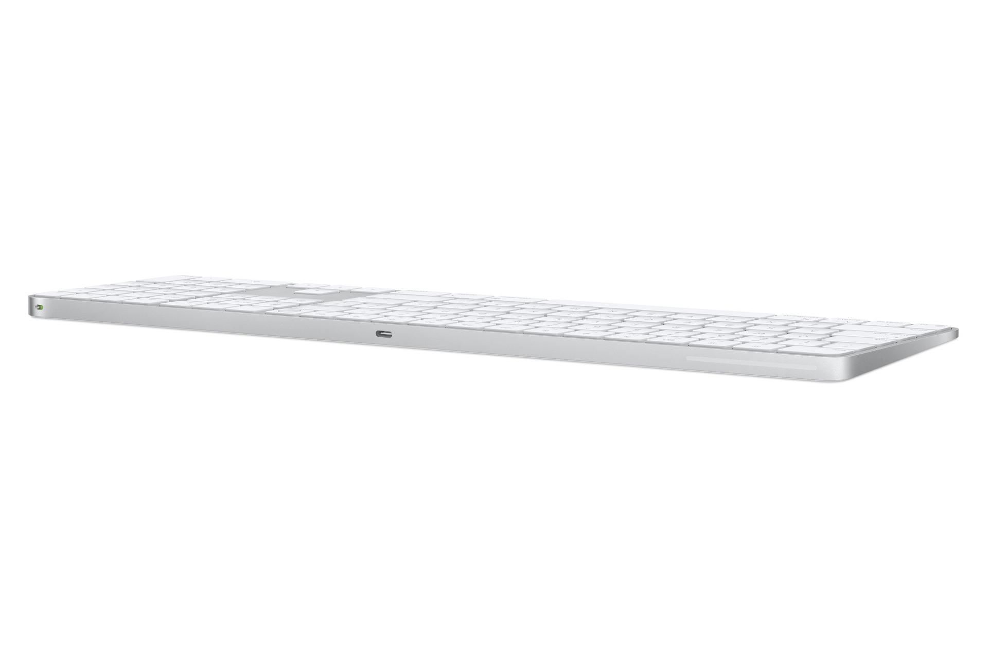 کیبورد اپل مجیک کیبورد 2024 با صفحه کلید عددی سفید از نمای کناری / Apple Magic Keyboard 2024 with Touch ID and Numeric USB-C