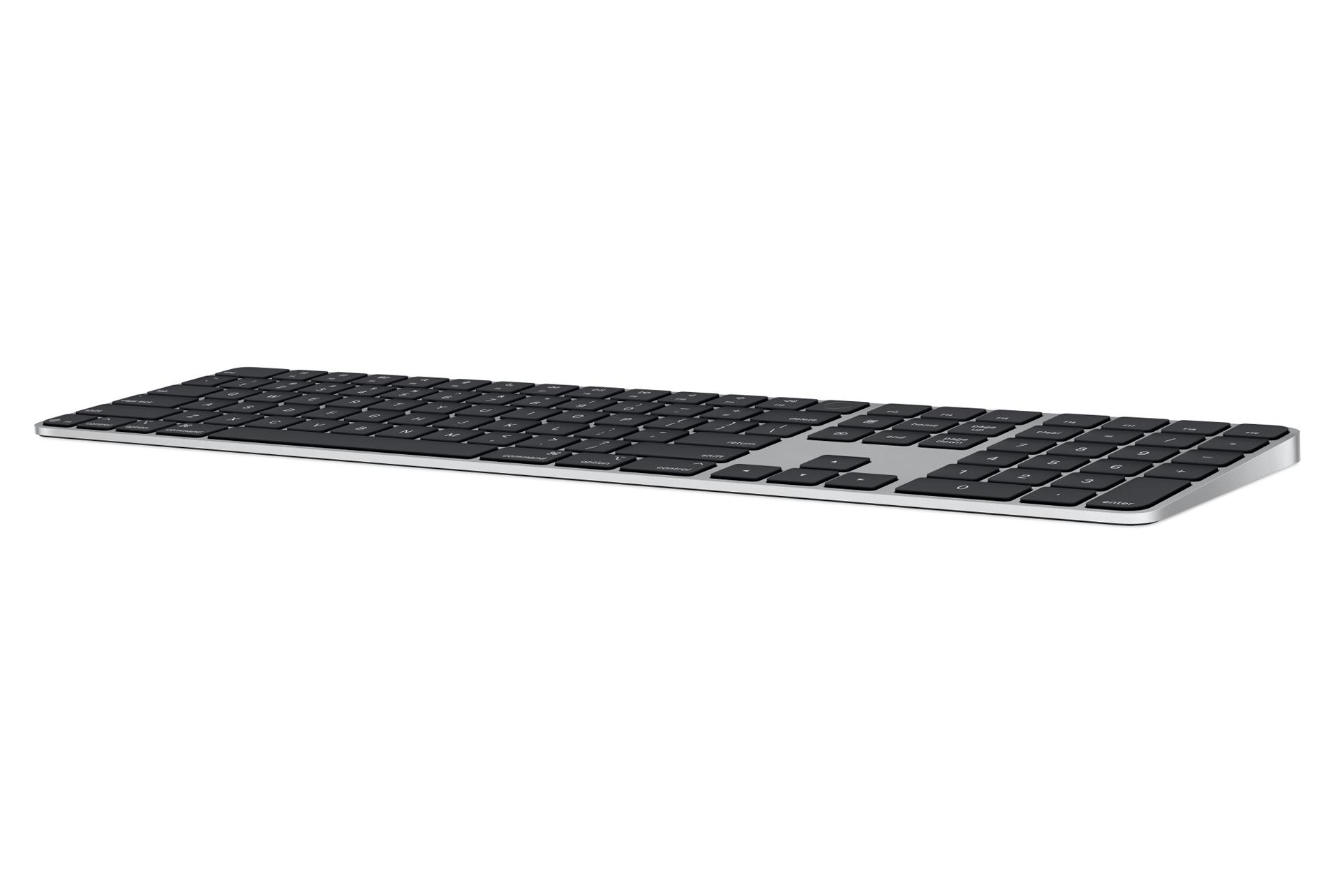 کیبورد اپل مجیک کیبورد 2024 با صفحه کلید عددی مشکی از نمای کناری / Apple Magic Keyboard 2024 with Touch ID and Numeric USB-C