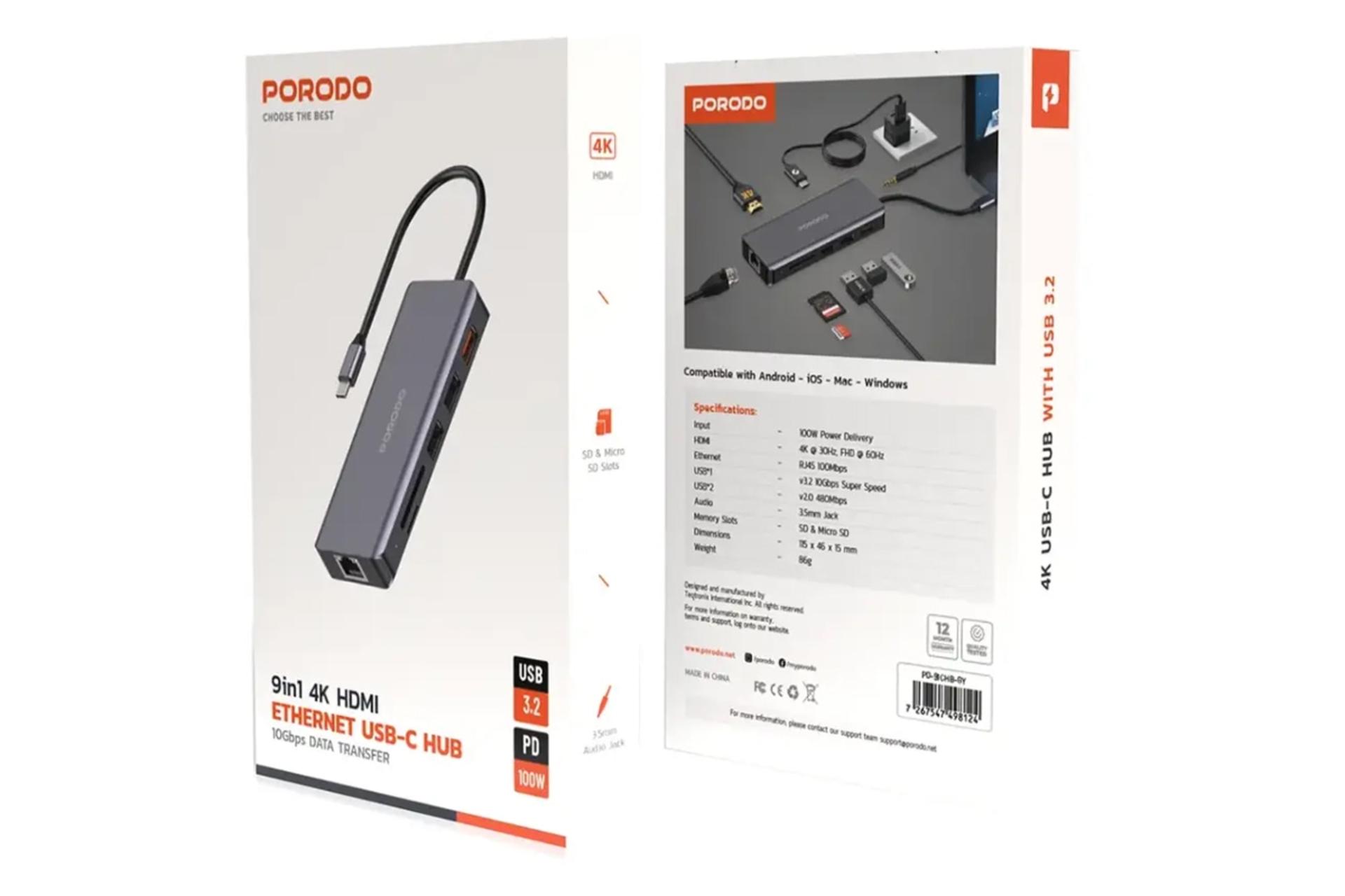 جعبه هاب USB هاب USB-C پرودو 9 پورت مدل Porodo PD-91CHB-GY