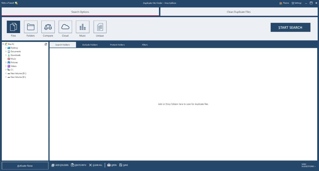 اسکرین شات محیط برنامه Ashisoft Duplicate File Finder که تب ها و گزینه های مختلف نرم افزار را نشان می دهد