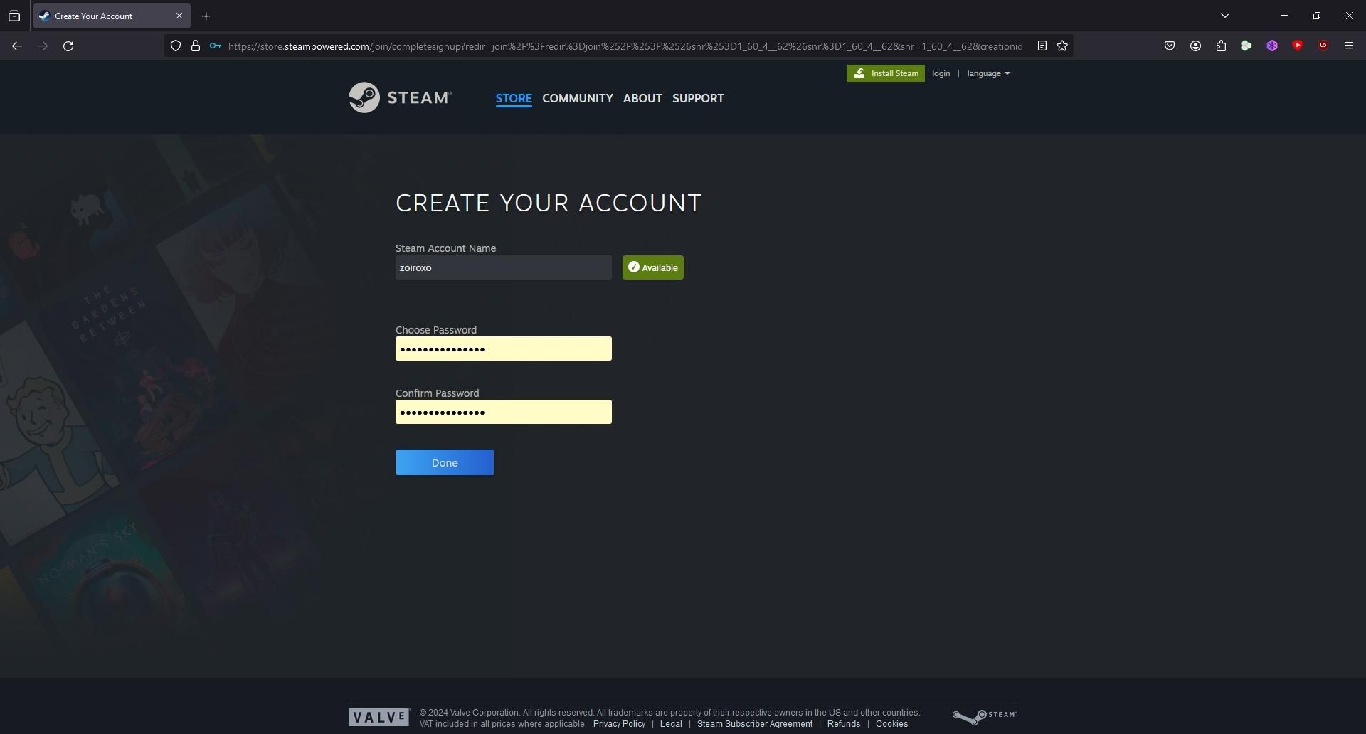 Password setting page. Username for Steam account