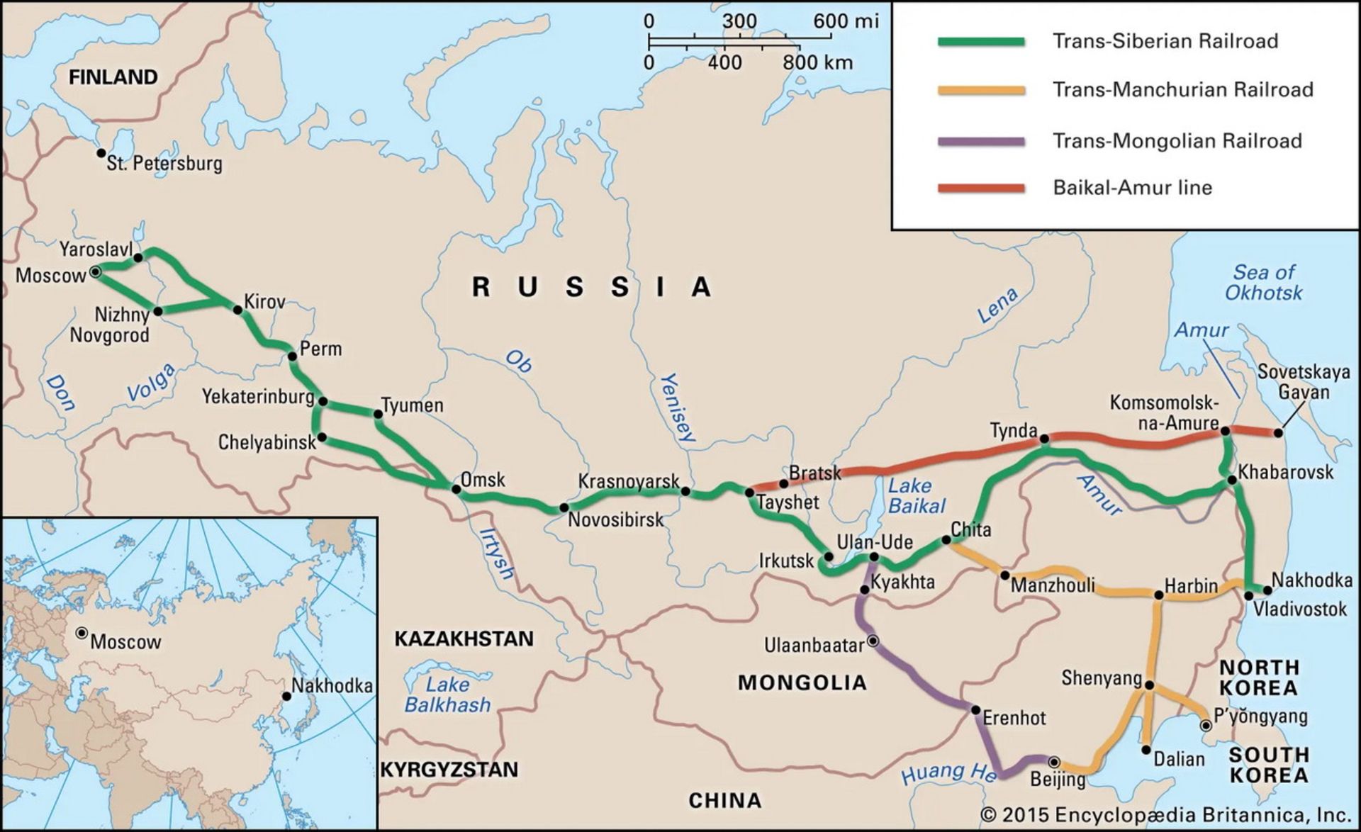 نقشه راه‌آهن سراسری سیبری و مسیرهای مختلف آن
