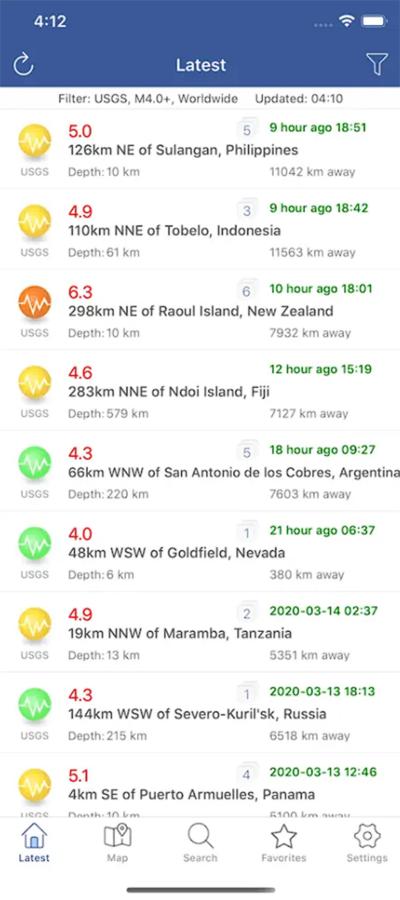 Information page of various earthquakes on earth