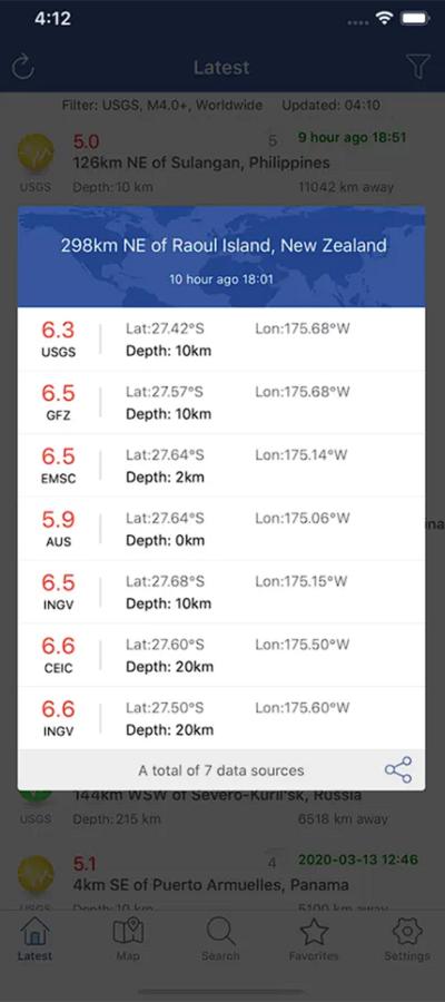 A smaller drop-down menu containing information about specific regional earthquakes