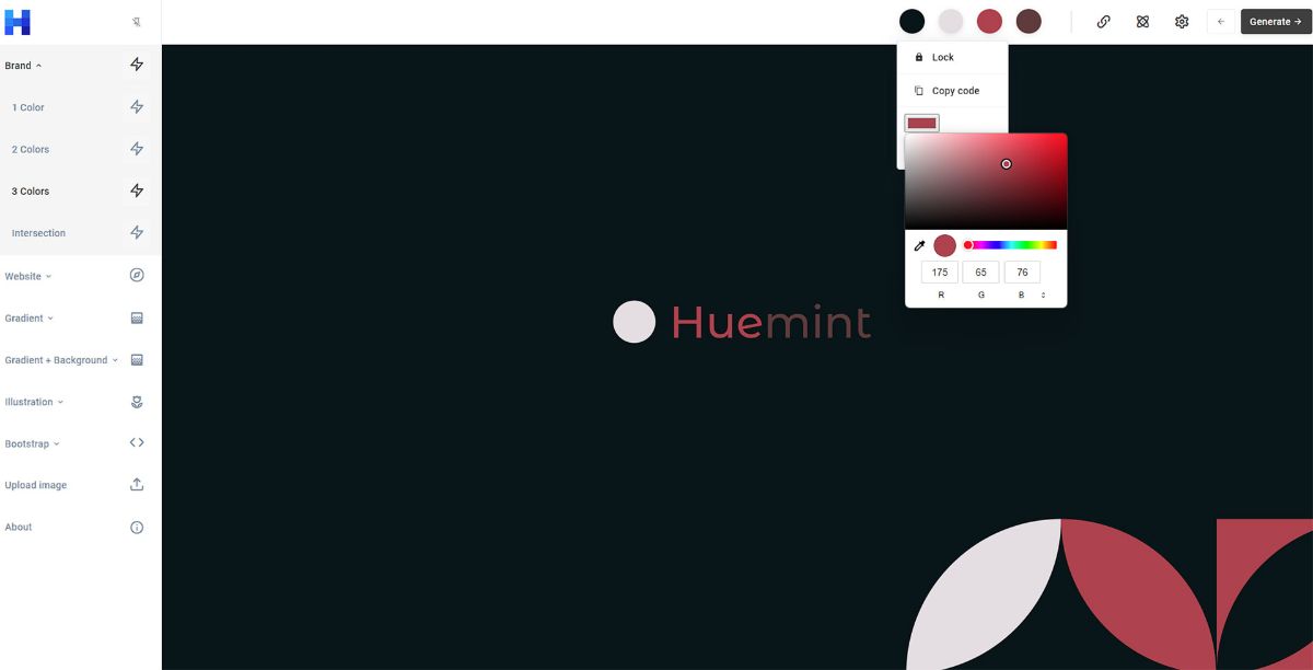 Huemint website and a combination of different colors for the brand