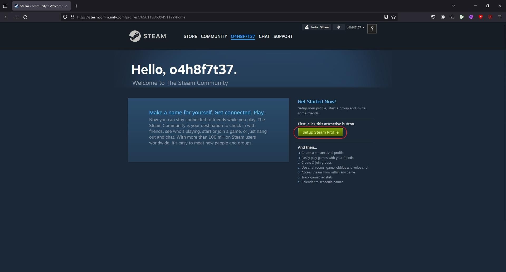 The welcome screen to Steam and the Setup steam profile button being highlighted