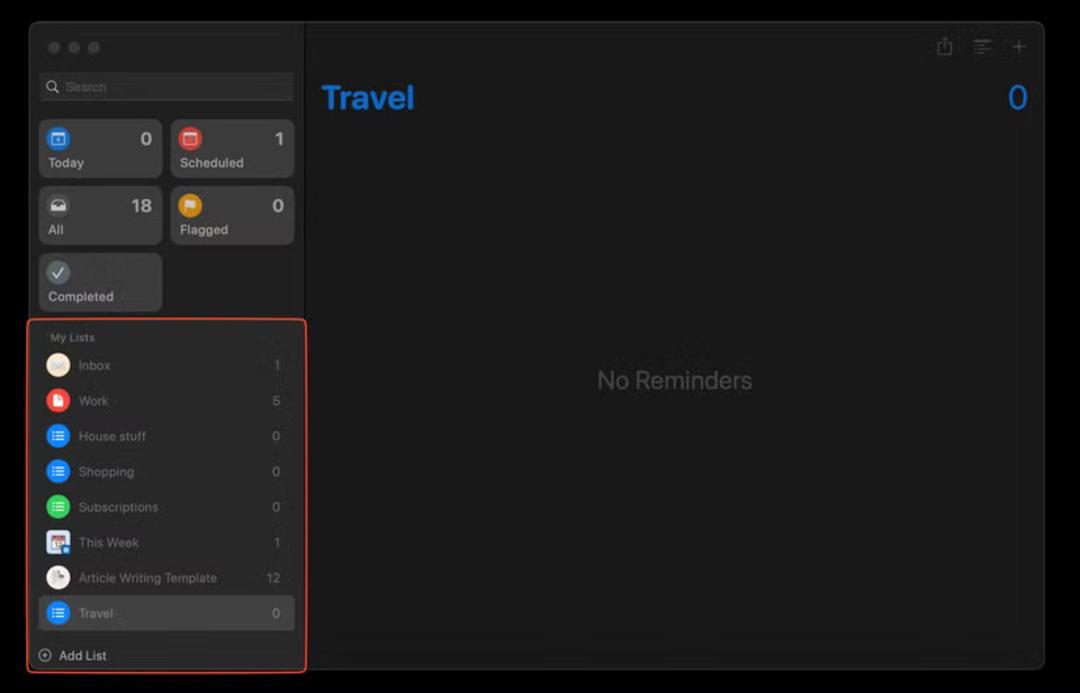 تهیه لیست‌های جداگانه در Reminders مک