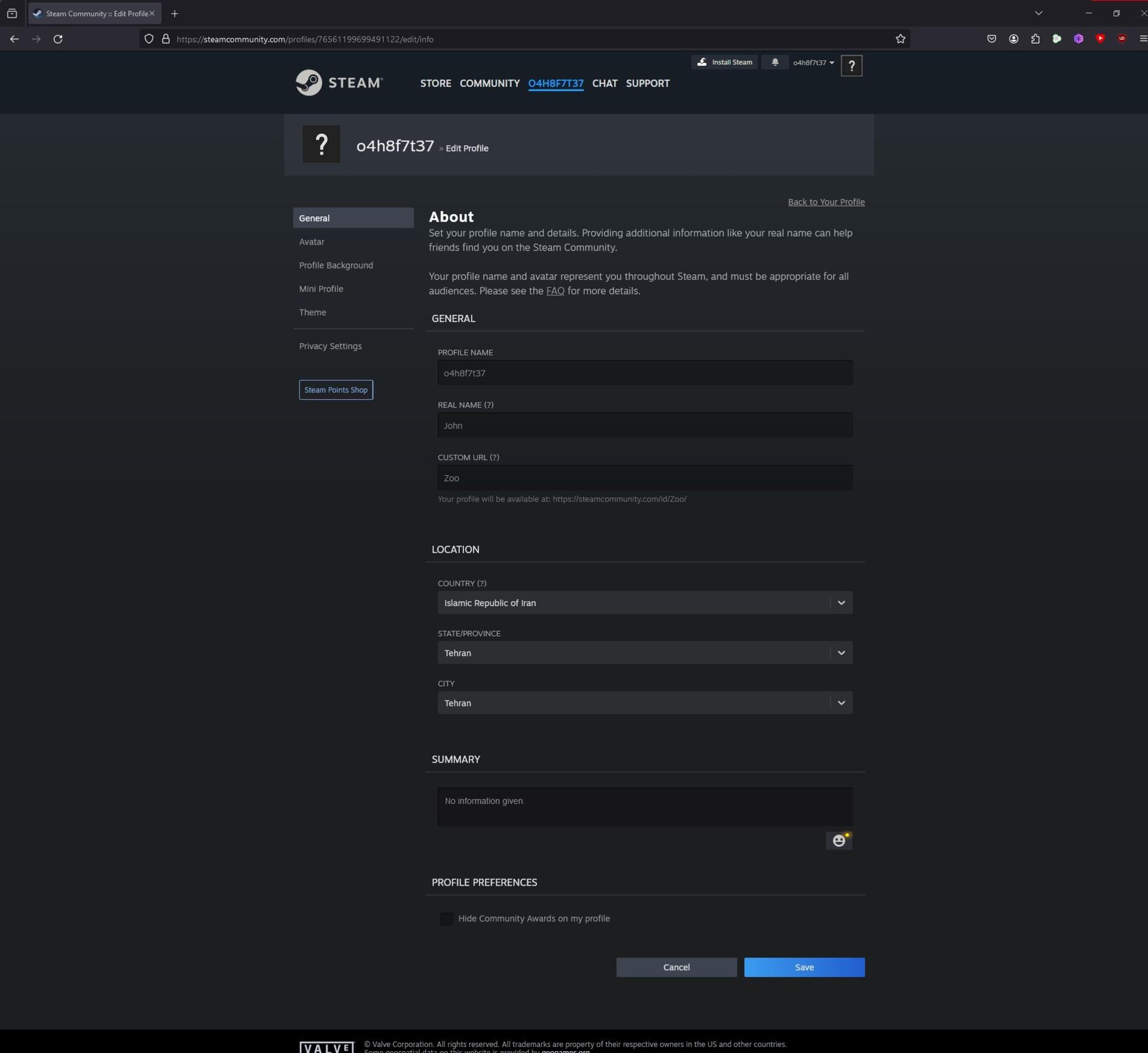 Steam account user profile input page