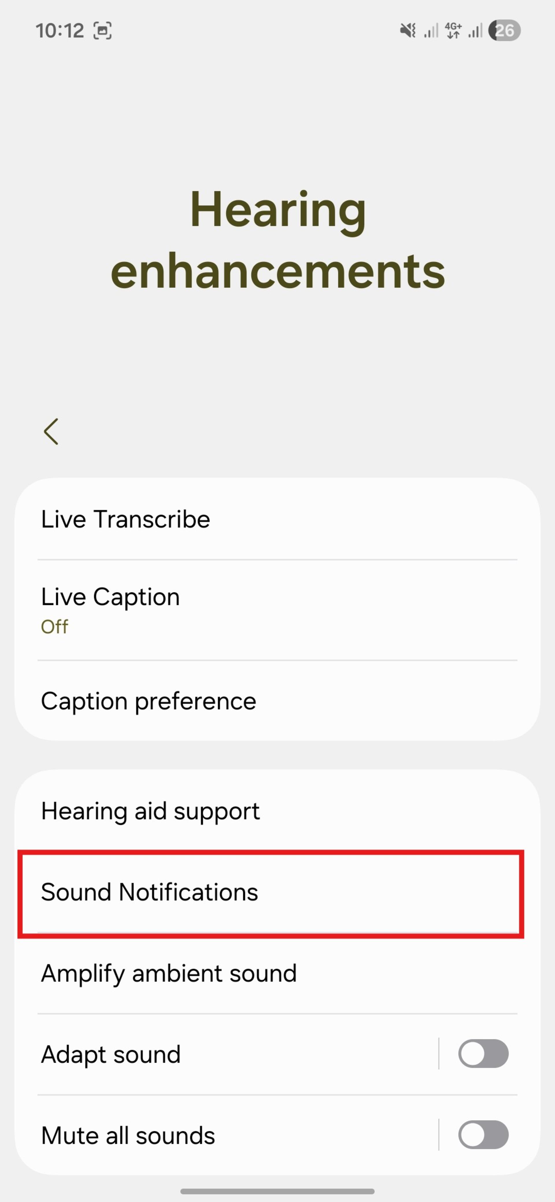 منوی بخش Hearing enhancements در قسمت Accessiblity در تنظیمات گوشی سامسونگ که امکانات موسیقی و صدا در اختیار کاربر قرار می‌دهد تا صداهارا بهتر بشنود