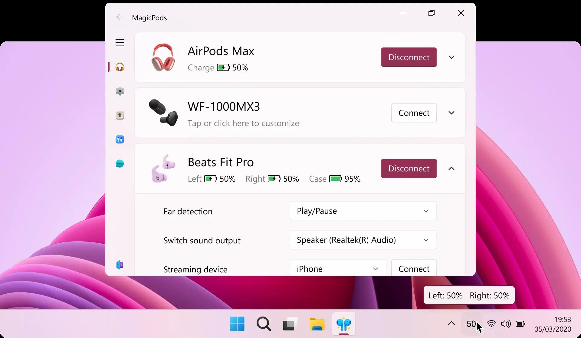 محیط کاربری MagicPods که به کاربر کمک می‌کند ایر پاد های خود را به ویندوز متصل کند و درصد باتری هر گوشی و کیس را مشاهده کند.