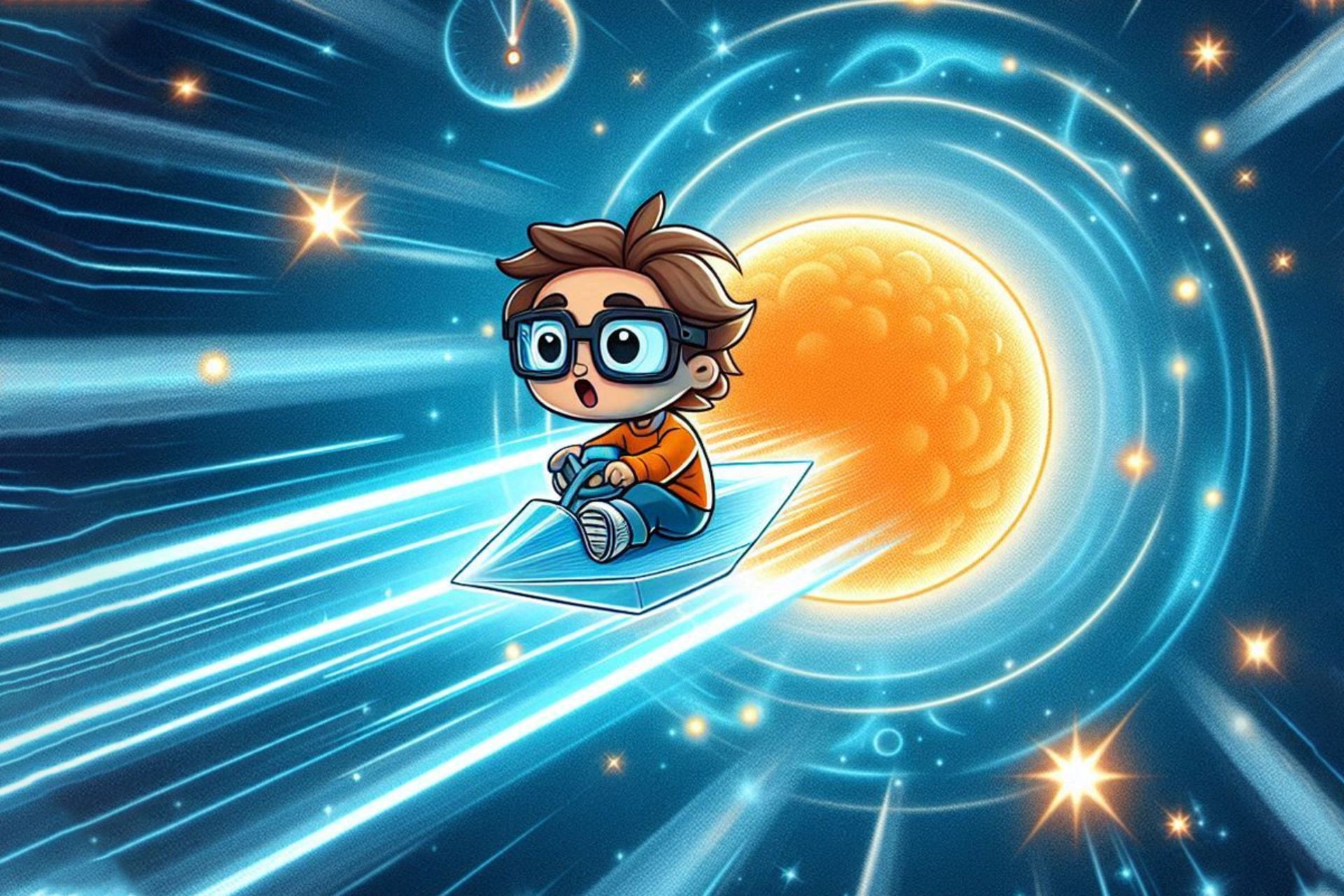 شخصیتی کارتونی که روی یک فوتون نور نشسته و با سرعت زیاد در فضا سفر می‌کند