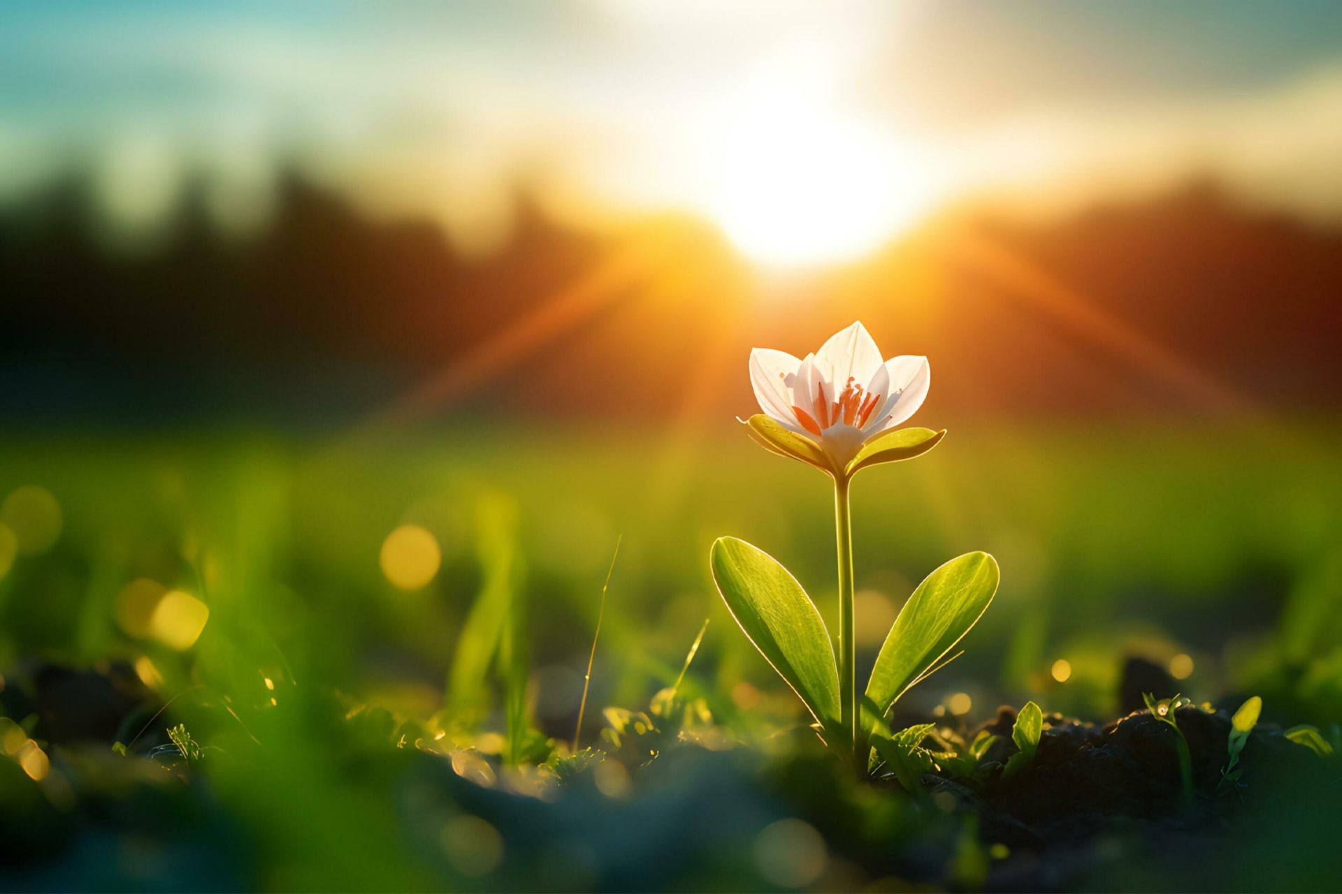 گلی در دشت با پس‌زمینه‌ی خورشید