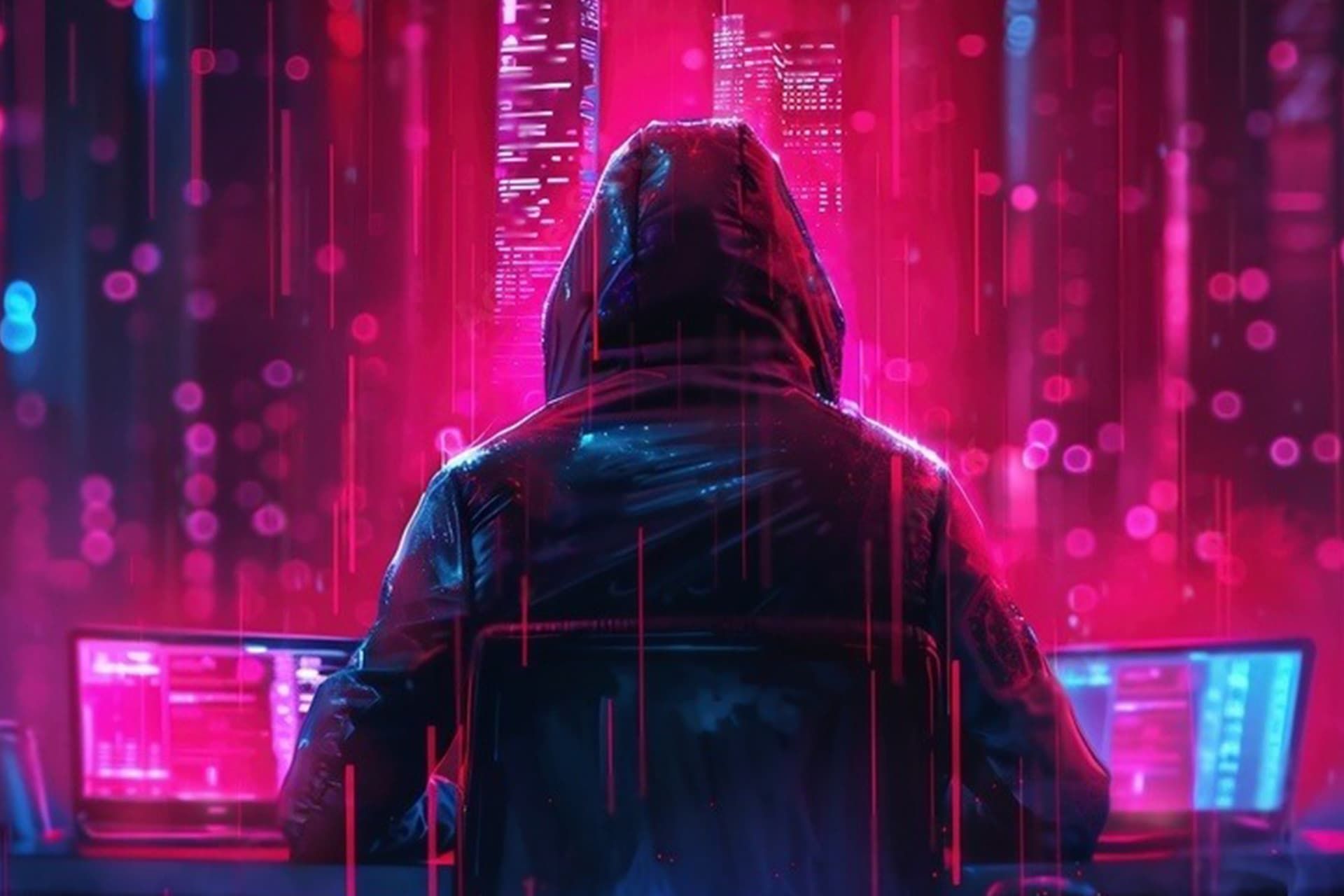 A hacker in a black hoodie behind the computer