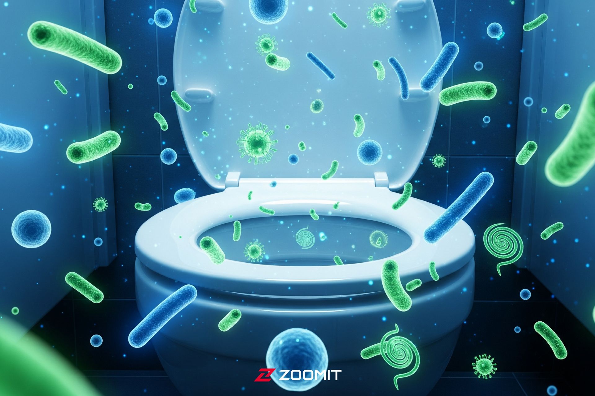توالت عمومی تمیز و براق، احاطه شده توسط میکروب‌ها و ویروس‌های میکروسکوپی درخشان که مانند ذرات در هوا پرواز می‌کنند و نمایانگر آلودگی نامرئی هستند.