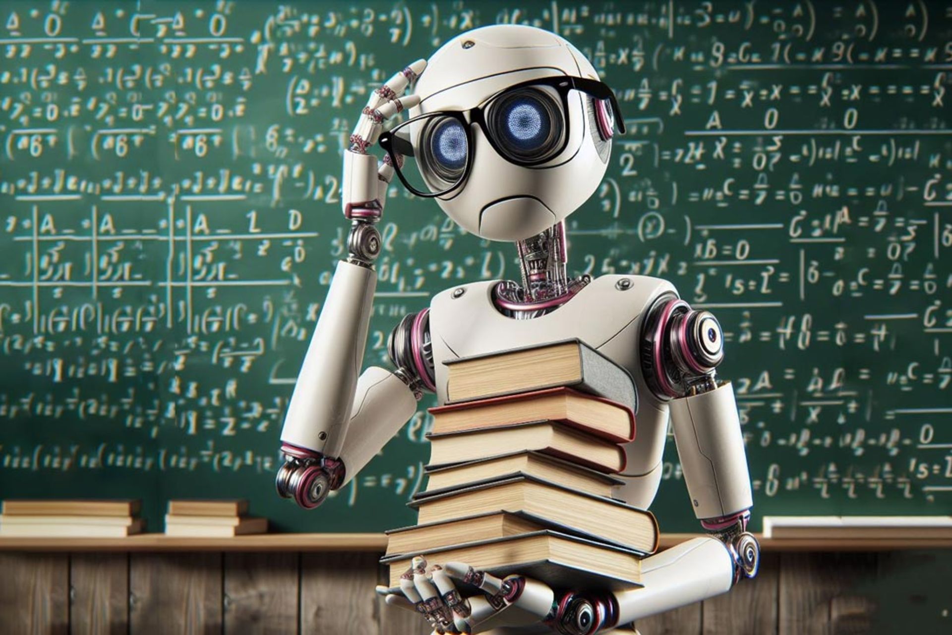 یک ربات در کلاس درس کتاب نگه داشته در حال فکر است