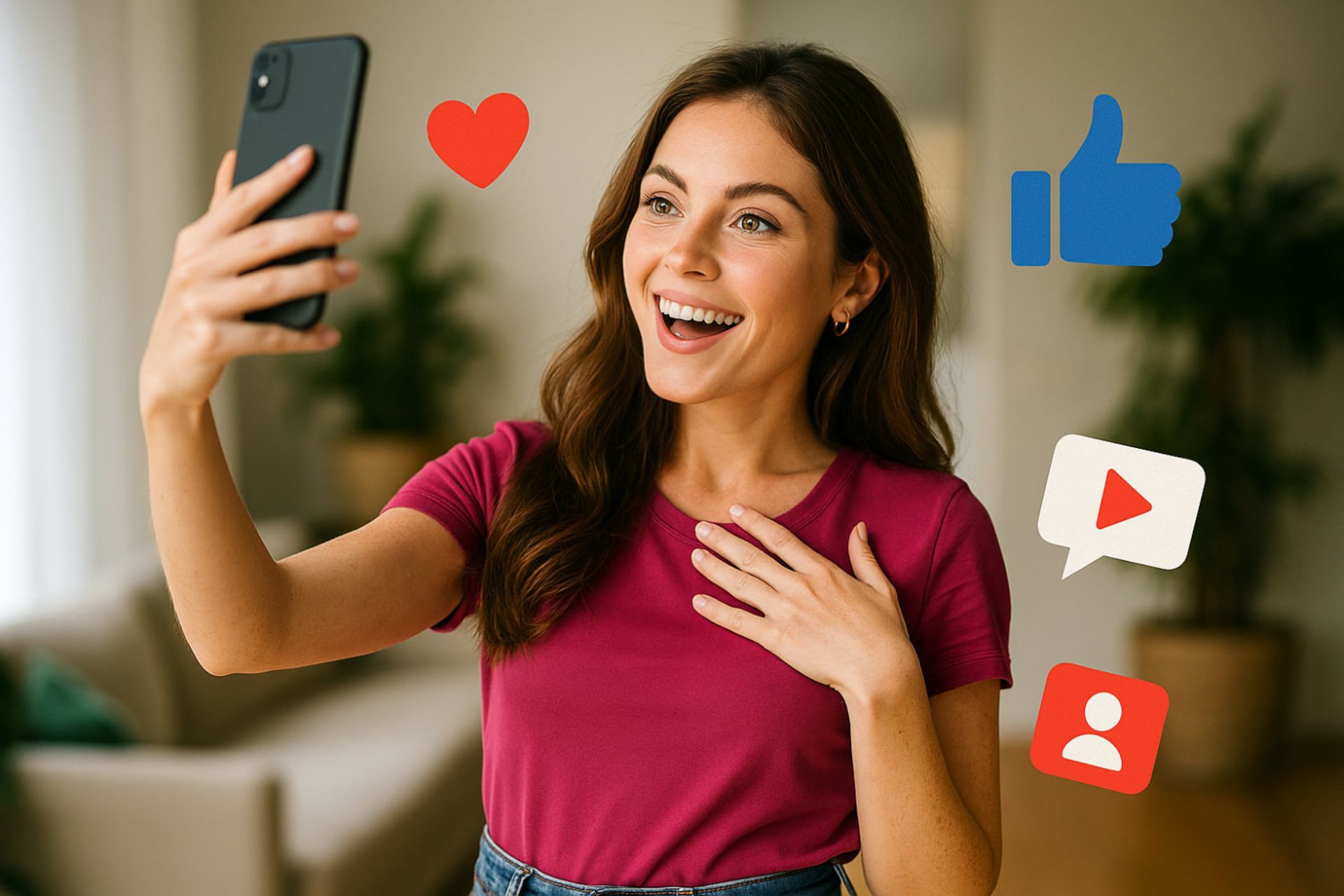 تصویرسازی دختر نوجوان در حال سلفی گرفتن در احاطه لوگوهای شبکه‌های اجتماعی