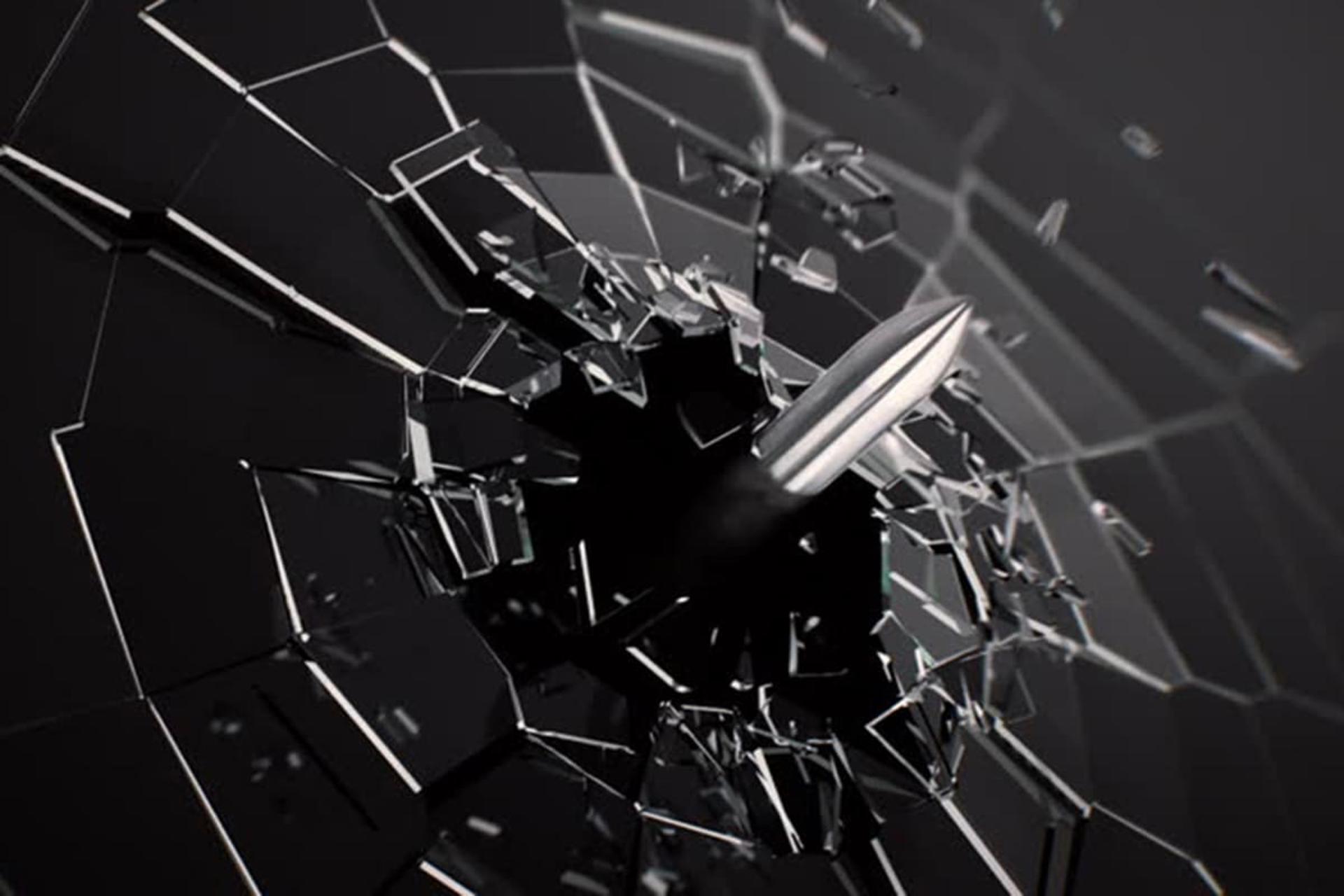 گلوله در حال عبور از شیشه شکسته