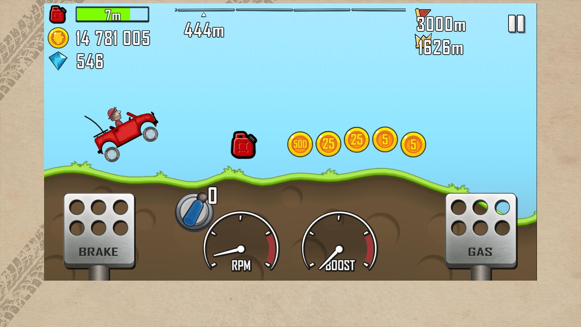 تصویر محیط بازی Hill Clime Racing که خودرویی در زمینی ناهموار را نشان می دهد