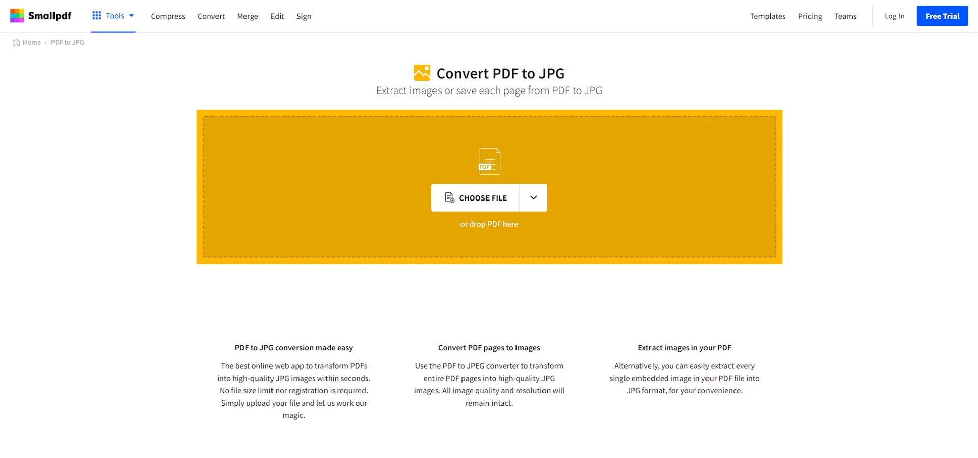 اسکرین شات صفحه اصلی سایت SmallPDF که باکسی زرد رنگ برای آپلود فایل را در وسط صفحه نشان می دهد