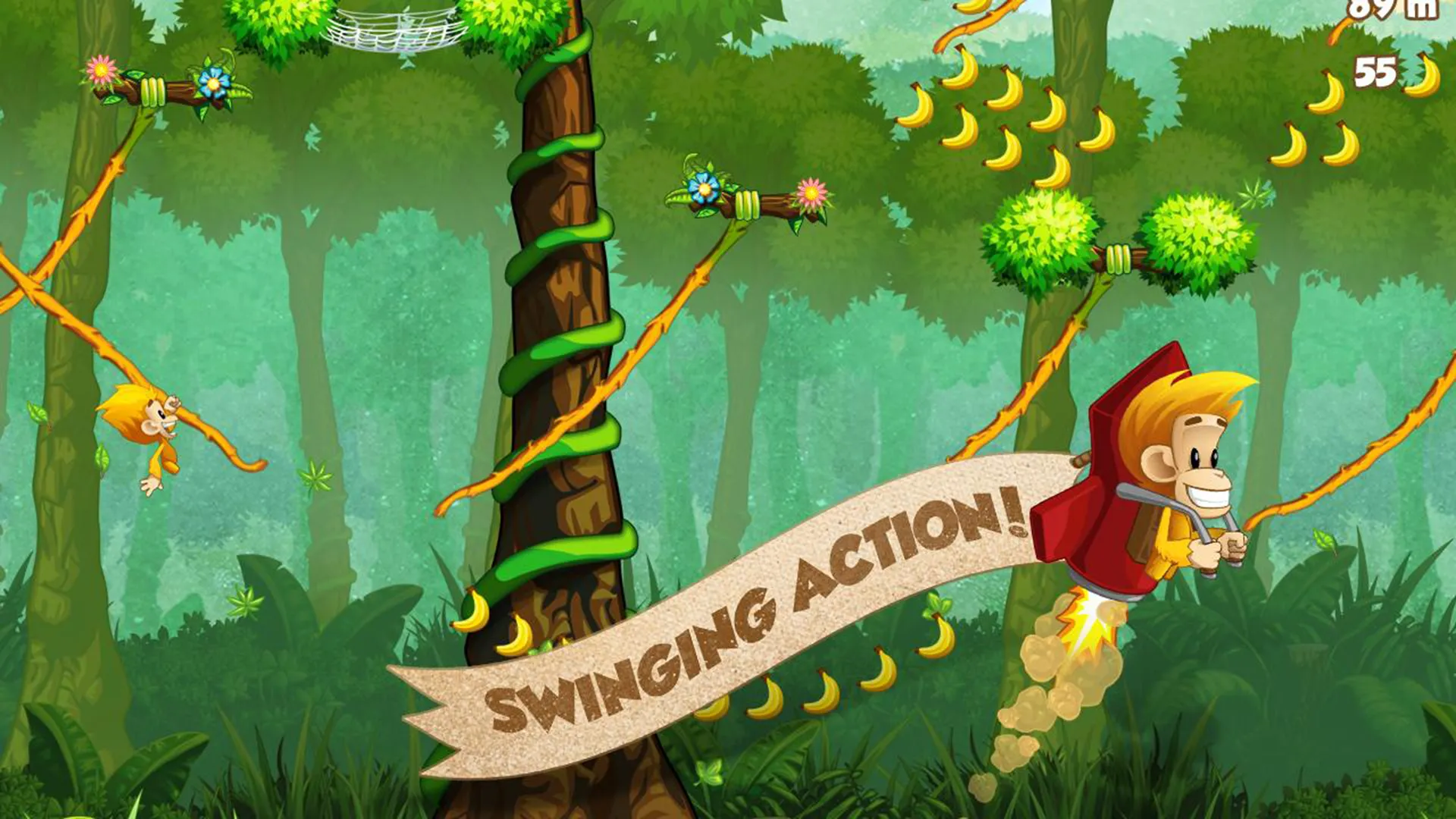 میمونی در حال پریدن از درختی به درخت دیگر در محیط بازی Benji Bananas