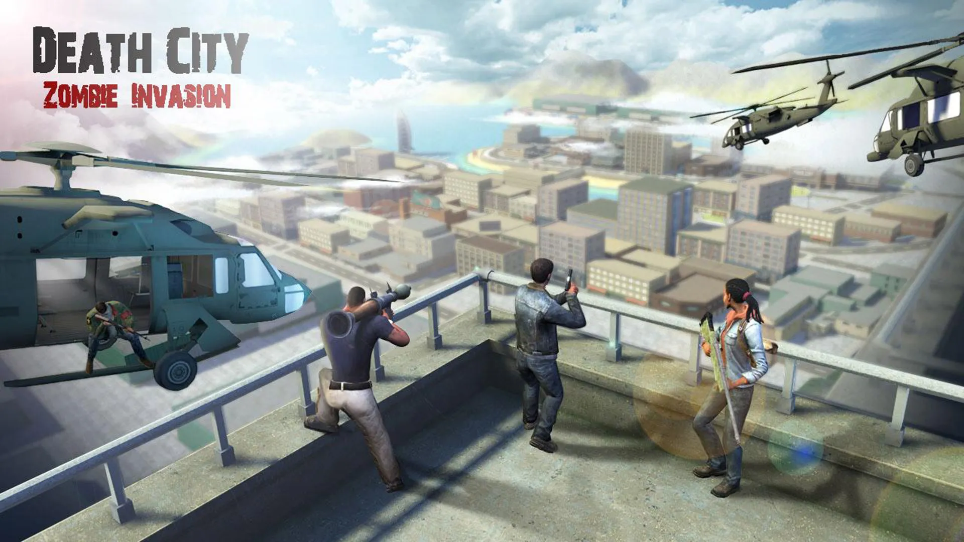 سه نفر روی پشت بام در حال شلیک در محیط بازی Death city