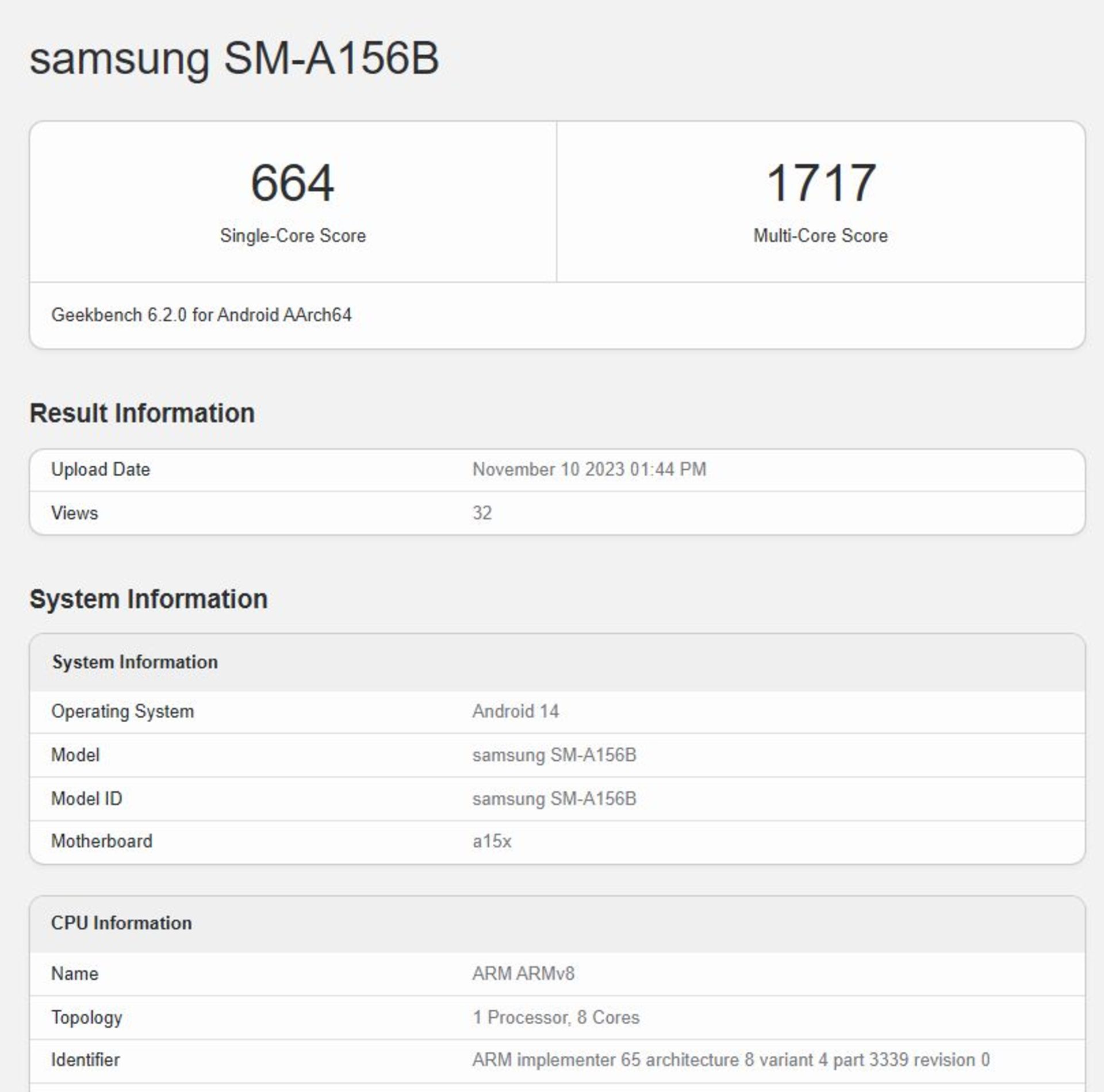 گلکسی A15 5G در گیک بنچ