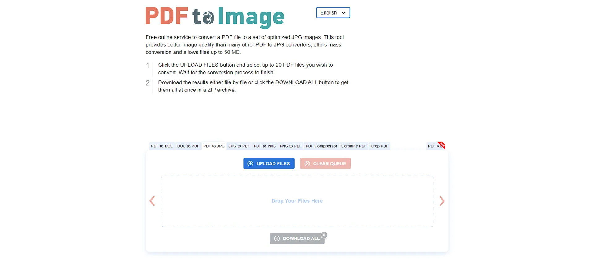 اسکرین شات صفحه اصلی سایت pdftoimage و گزینه های مختلف برای تبدیل فایل