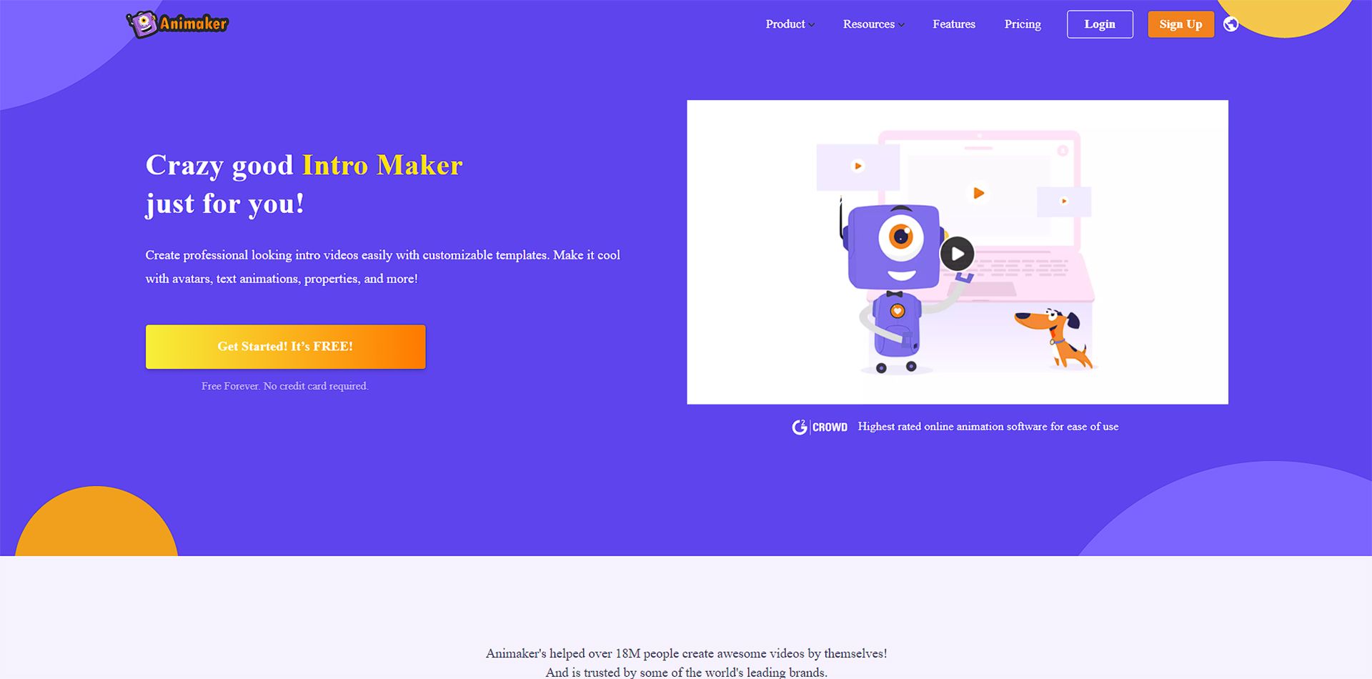 صفحه اول سایت animaker که ربات بنفشی را نشان می دهد