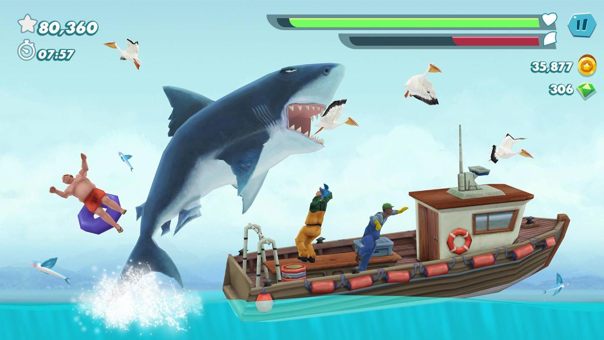 محیط بازی Hungry Shark که کوسه ای را در حال حمله به قایق چوبی نشان می دهد