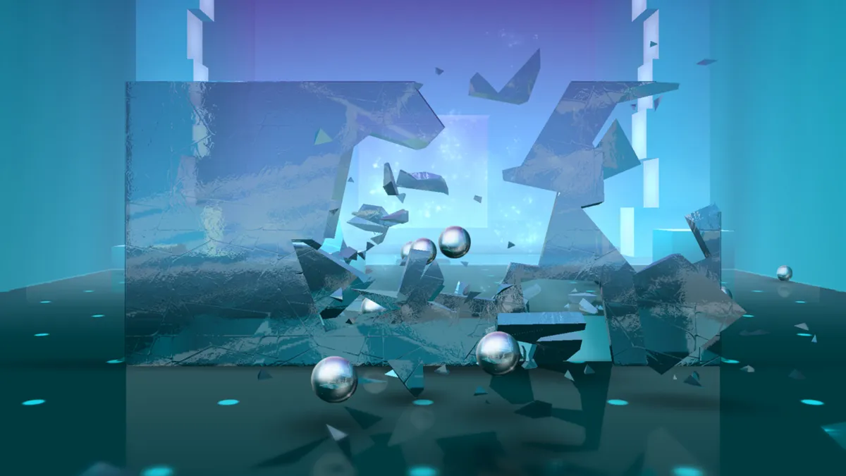 محیط بازی Smash Hit که گوی فلزی در حال خورد کردن شیشه را به نمایش می گذارد