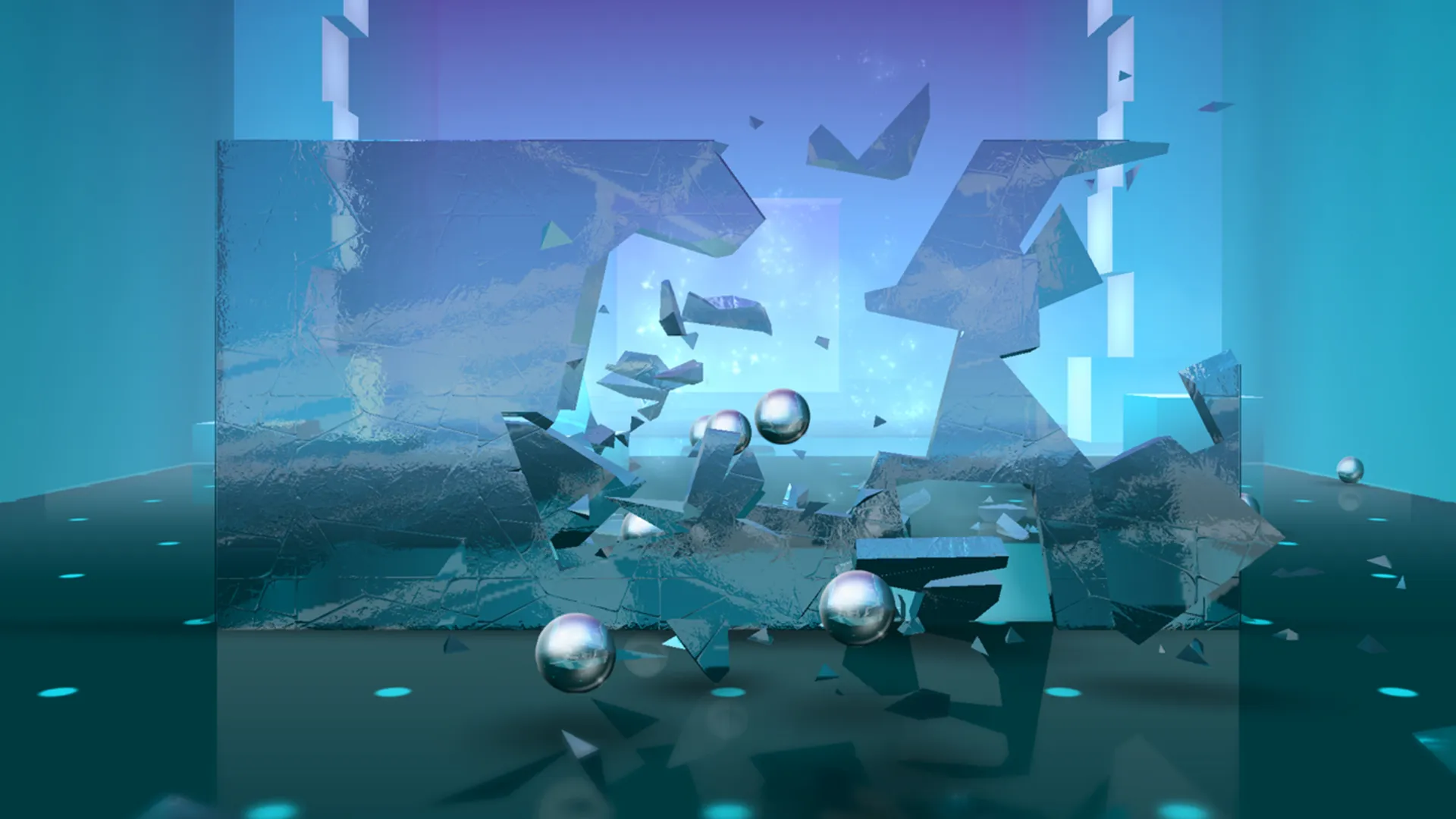 محیط بازی Smash Hit که گوی فلزی در حال خورد کردن شیشه را به نمایش می گذارد