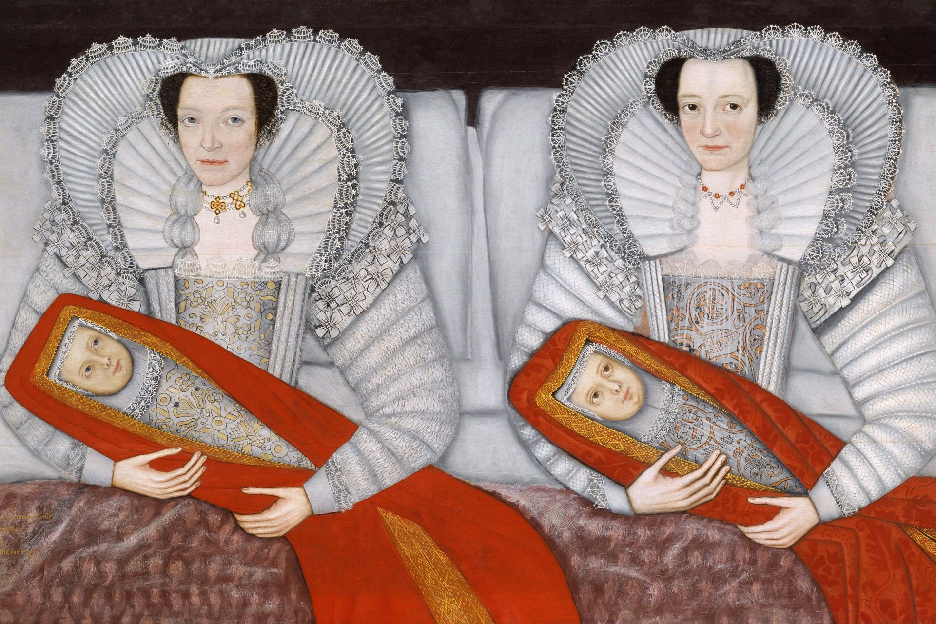 نقاشی رنگ روغن انگلیسی در قرن هفدهم دو زن دوقلو را به تصویر می‌کشد که در تخت نشسته‌اند و هرکدام یک نوزاد را در آغوش دارند