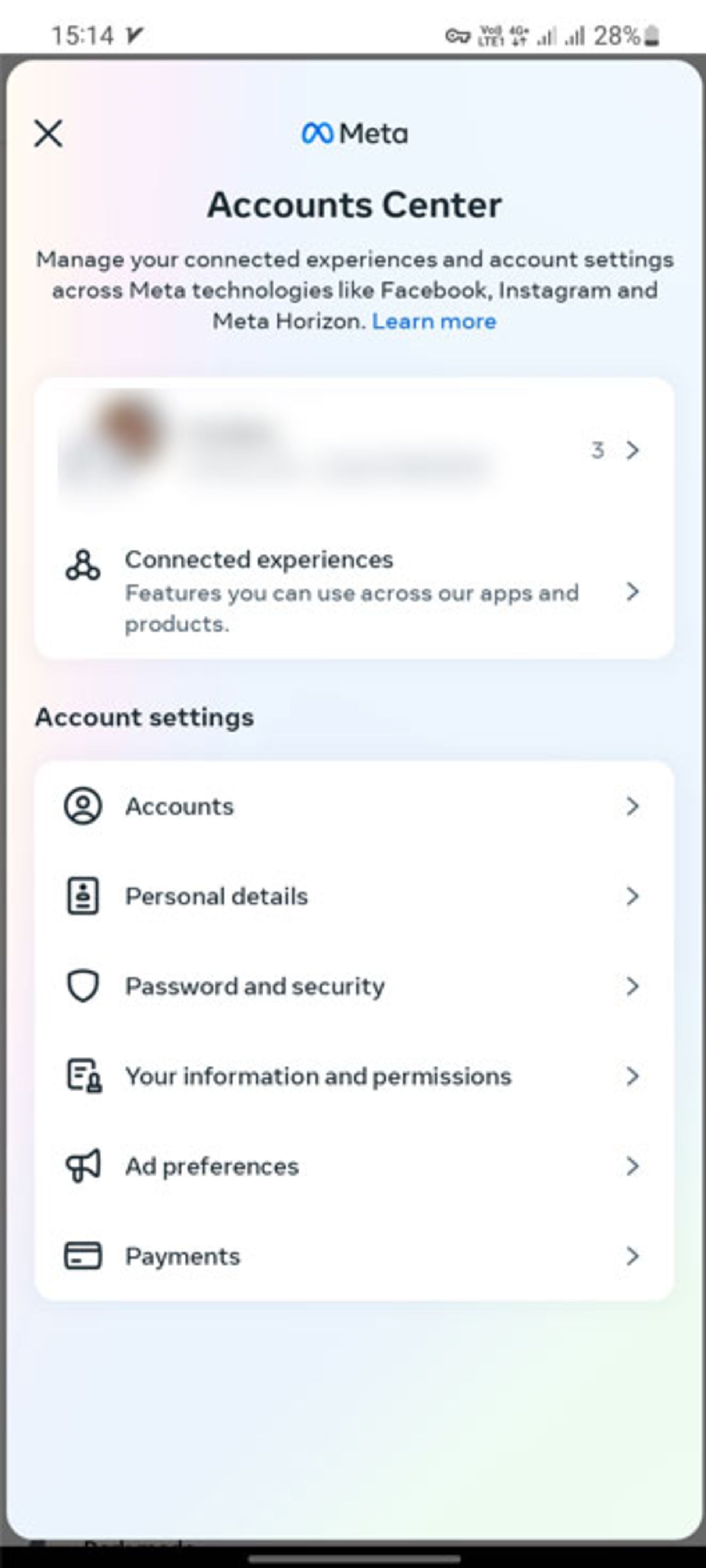 تنظیمات Account center